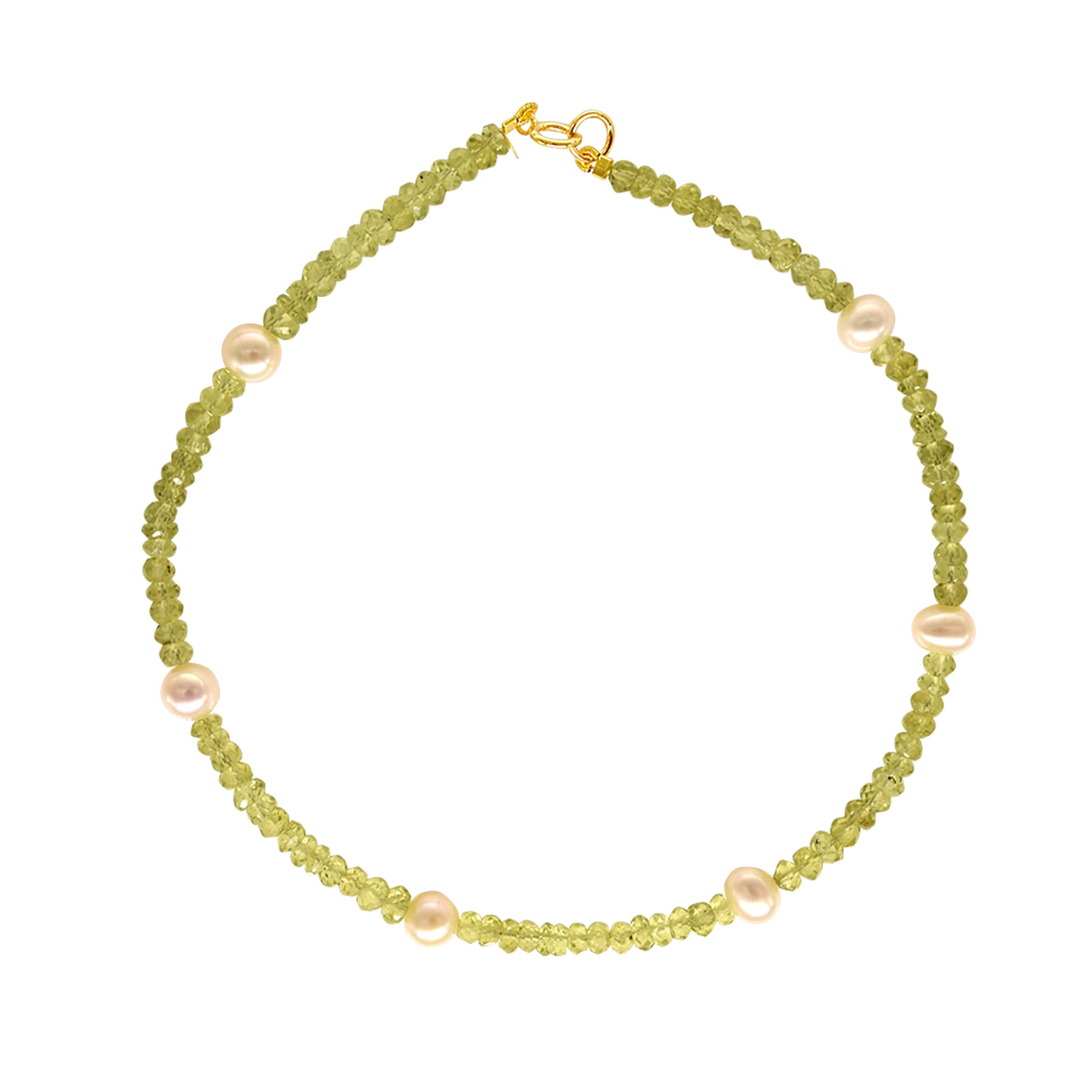 14k Rondelle Beaded Gemstone and White Freshwater Pearl Anklet 9.5" Peridot