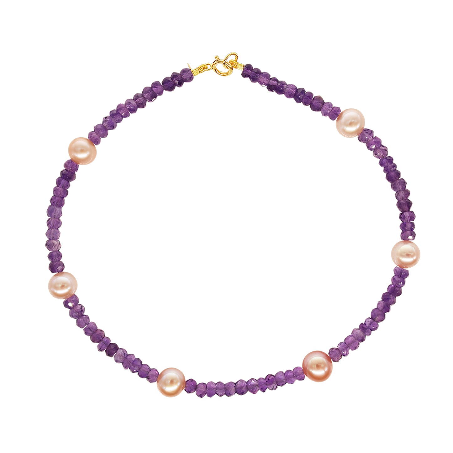 14k Rondelle Beaded Gemstone and Pink Freshwater Pearl Anklet 9.5" Amethyst