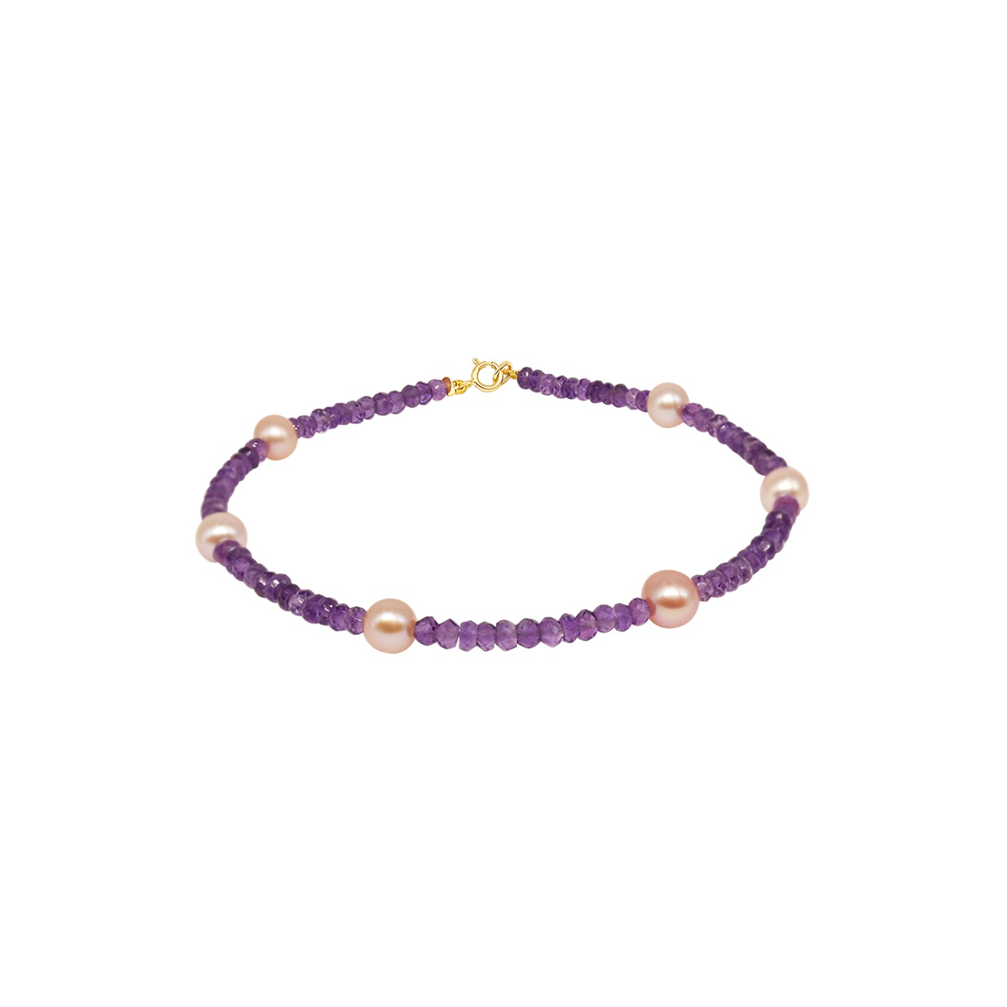 14k Rondelle Beaded Gemstone and Pink Freshwater Pearl Anklet 9.5" Amethyst