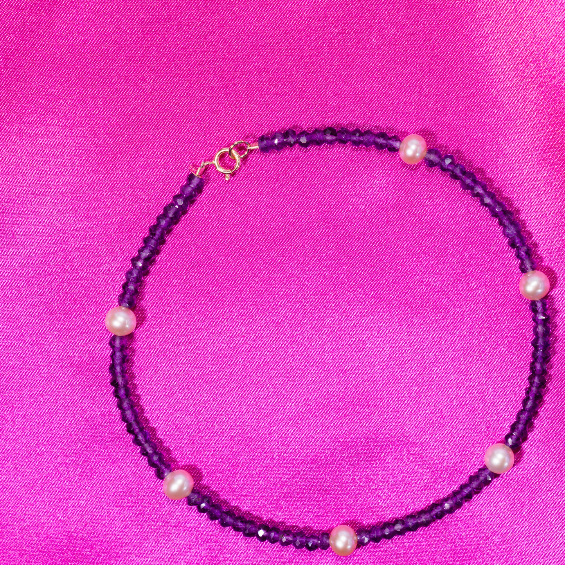 14k Rondelle Beaded Gemstone and Pink Freshwater Pearl Anklet 9.5" Amethyst