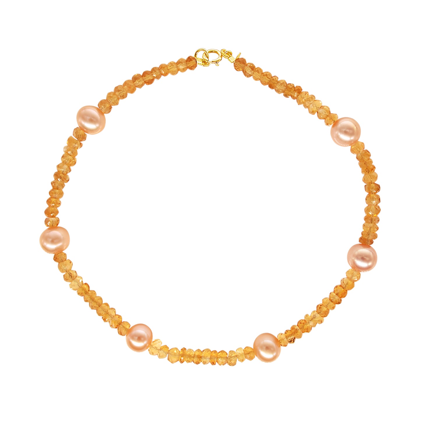 14k Rondelle Beaded Gemstone and Pink Freshwater Pearl Anklet 9.5" Citrine