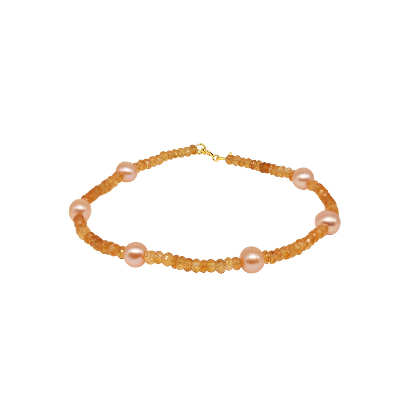 14k Rondelle Beaded Gemstone and Pink Freshwater Pearl Anklet 9.5" Citrine