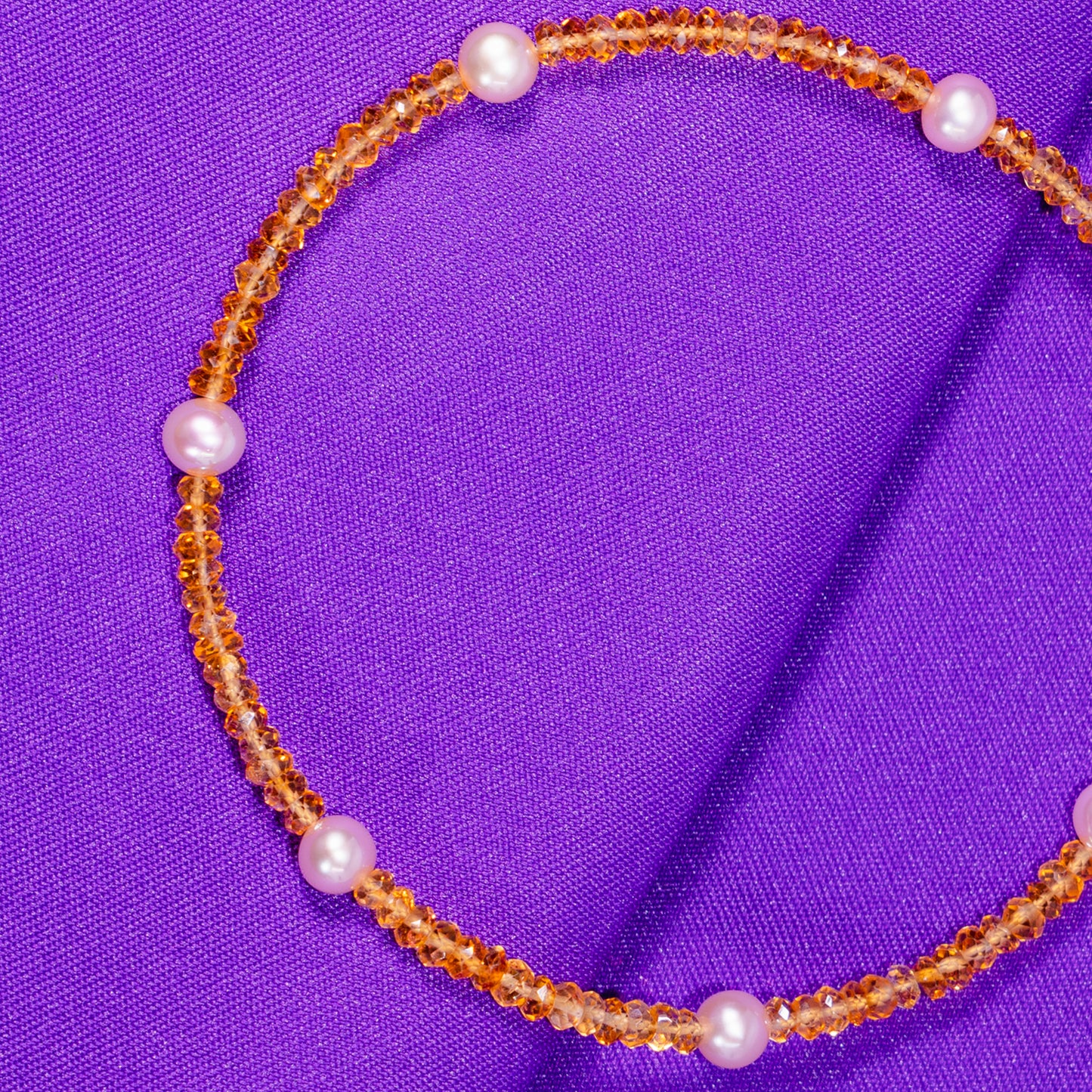 14k Rondelle Beaded Gemstone and Pink Freshwater Pearl Anklet 9.5" Citrine
