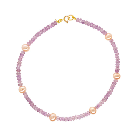 14k Rondelle Beaded Gemstone and Pink Freshwater Pearl Anklet 9.5" Pink Amethyst