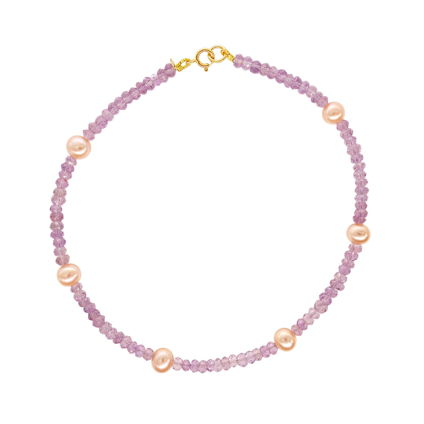 14k Rondelle Beaded Gemstone and Pink Freshwater Pearl Anklet 9.5" Pink Amethyst