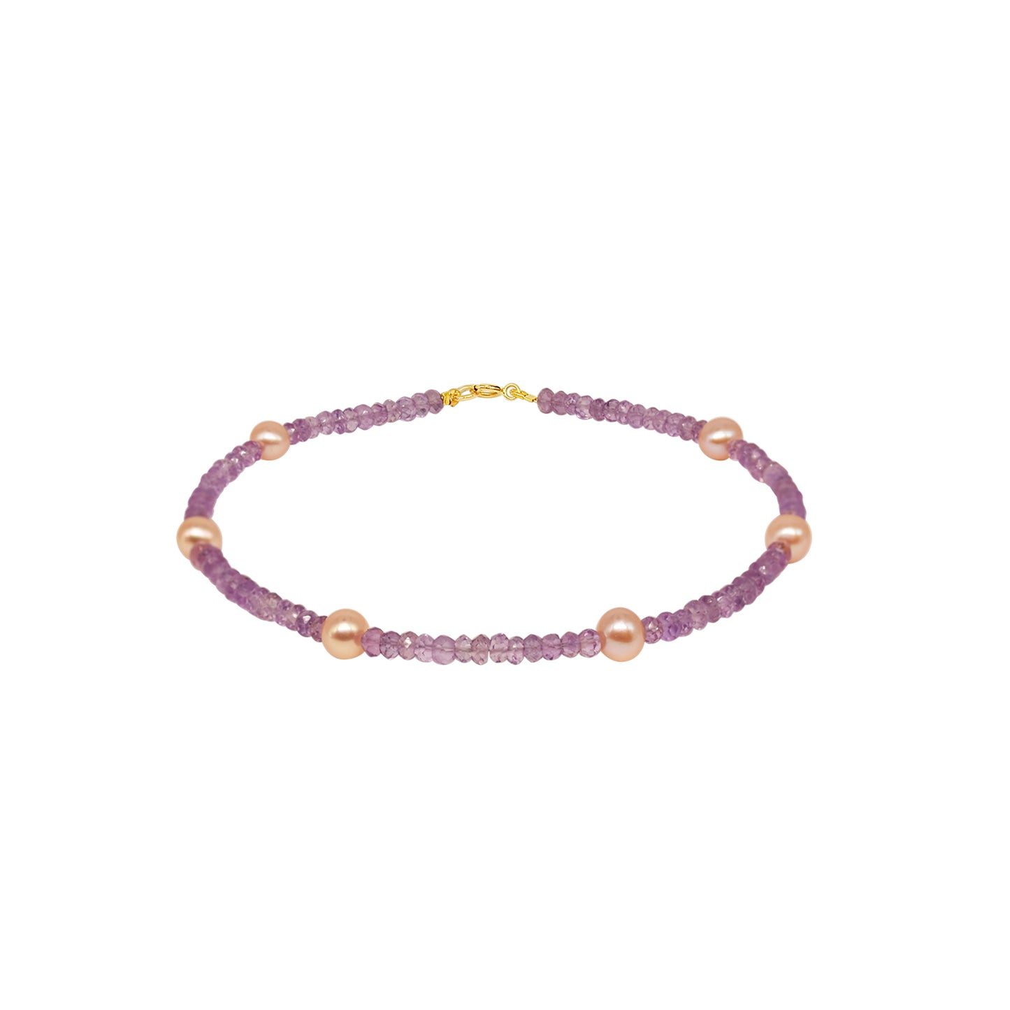 14k Rondelle Beaded Gemstone and Pink Freshwater Pearl Anklet 9.5" Pink Amethyst