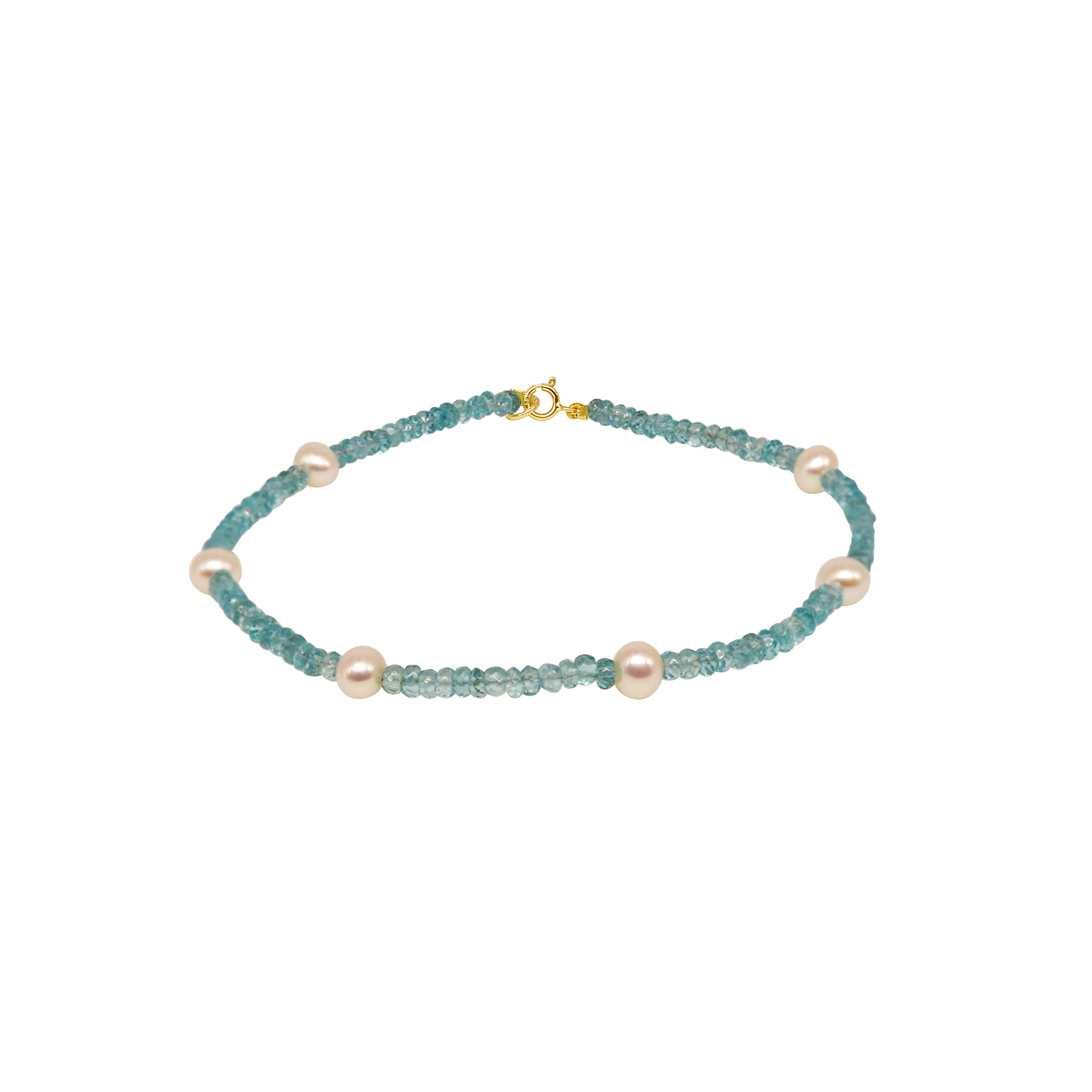 14k Rondelle Beaded Gemstone and White Freshwater Pearl Anklet 9.5" Apatite