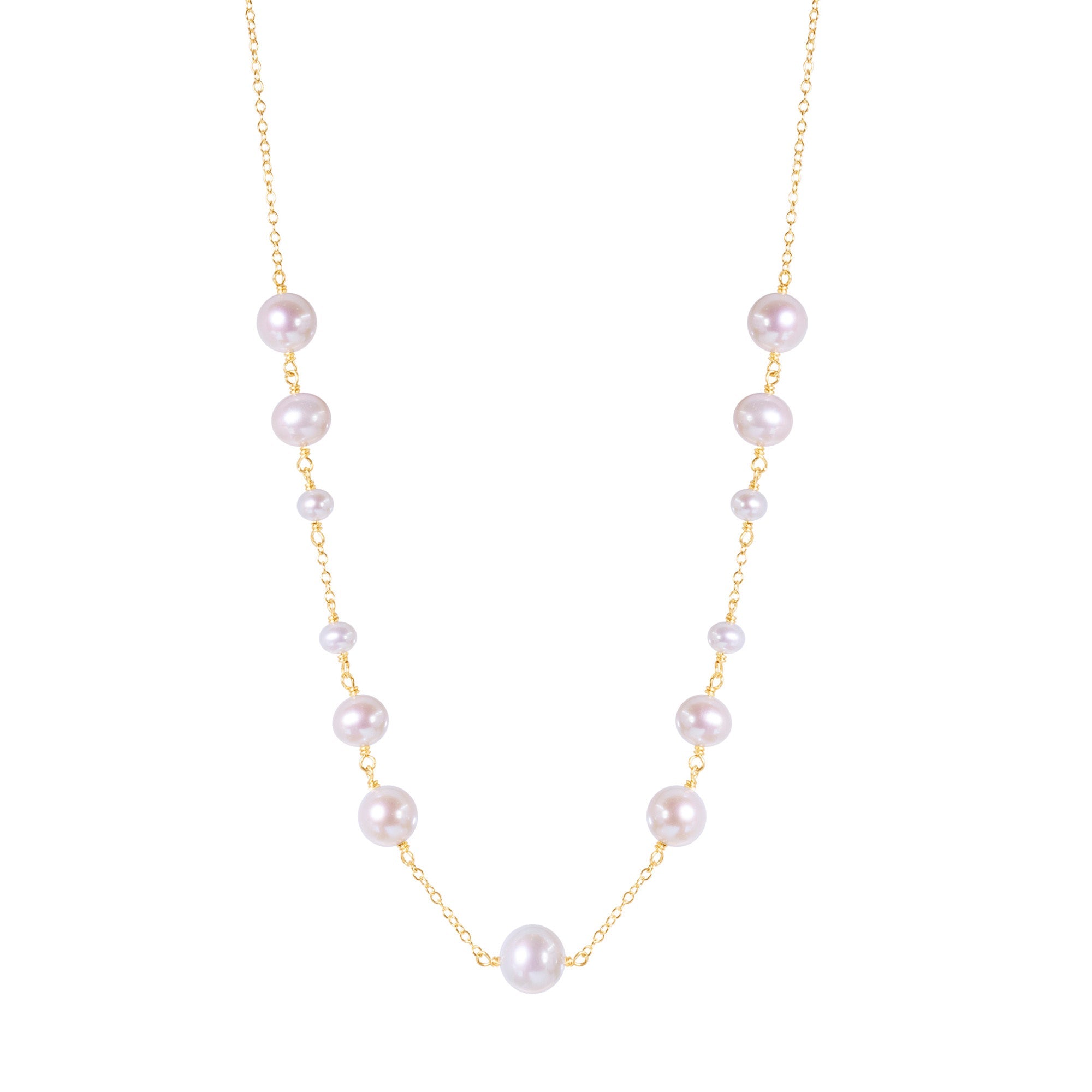 14k Yellow Gold White Pearl Grad Bead Station Necklace