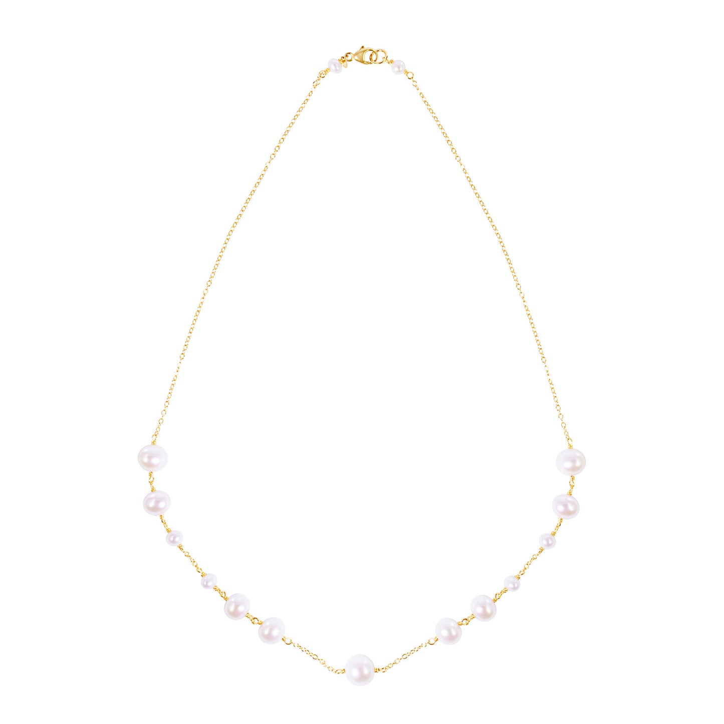14k Yellow Gold White Pearl Grad Bead Station Necklace 17