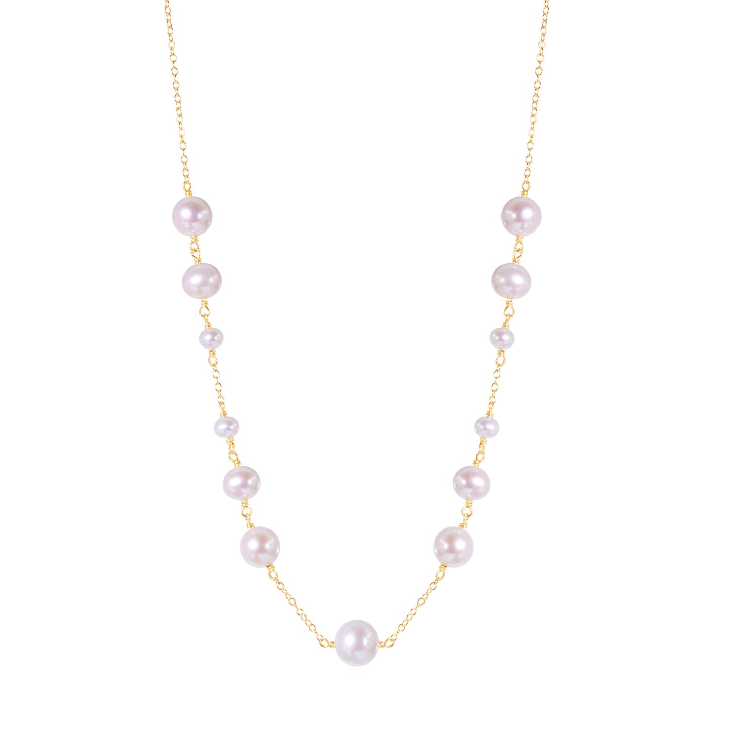 14k Yellow Gold White Pearl Grad Bead Station Necklace 17
