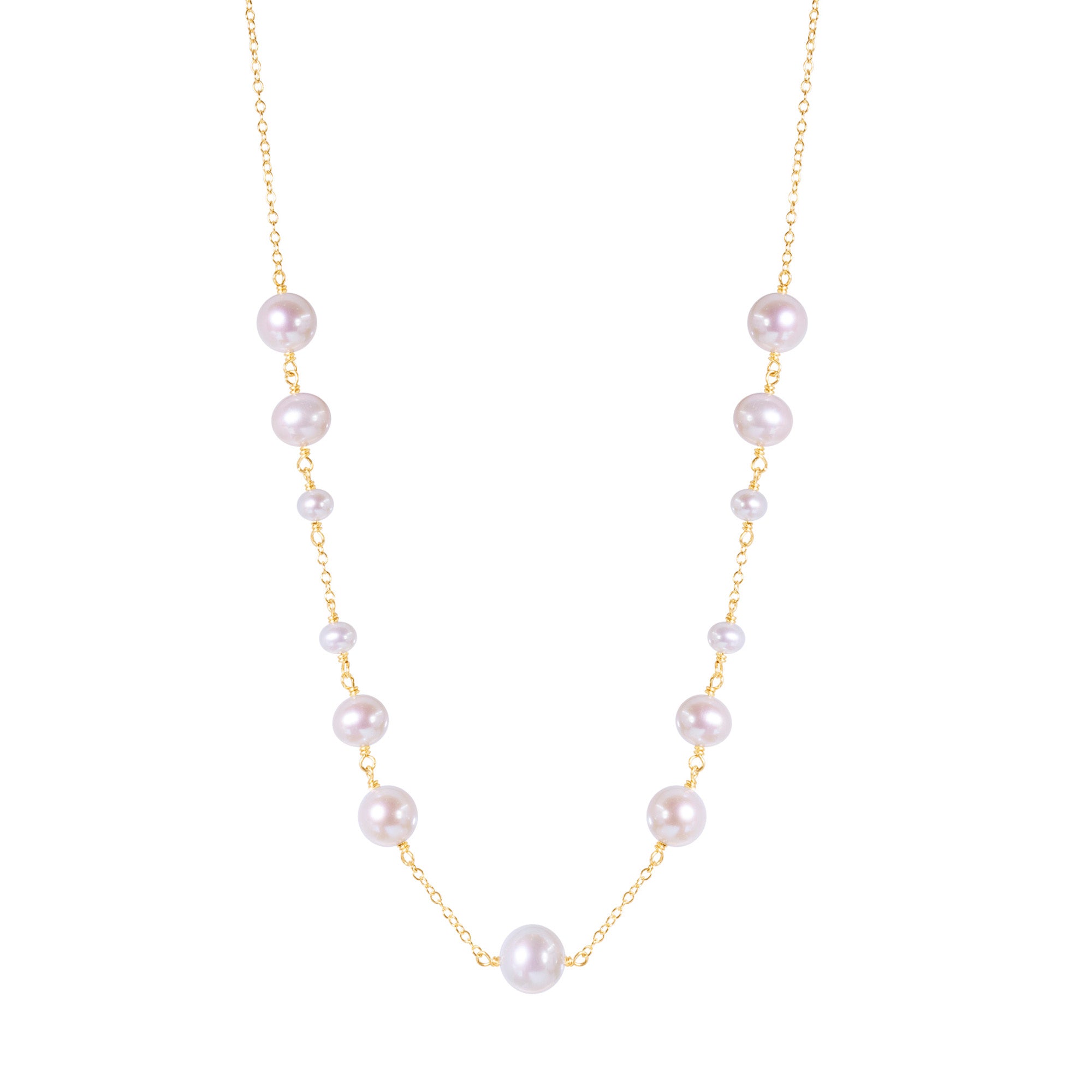 14k Yellow Gold White Pearl Grad Bead Station Necklace 17