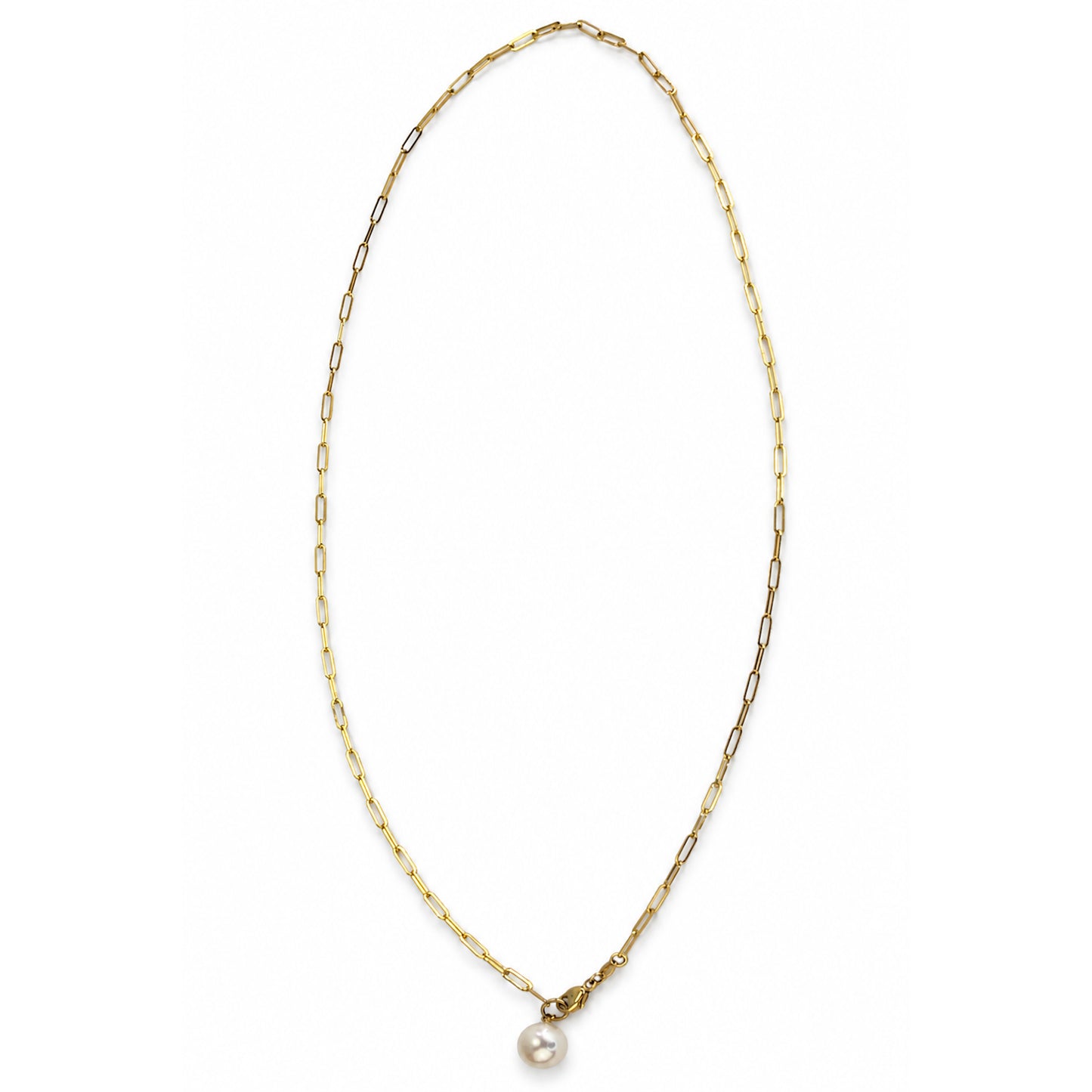 14k White Pearl Drop Paperclip Chain Necklace