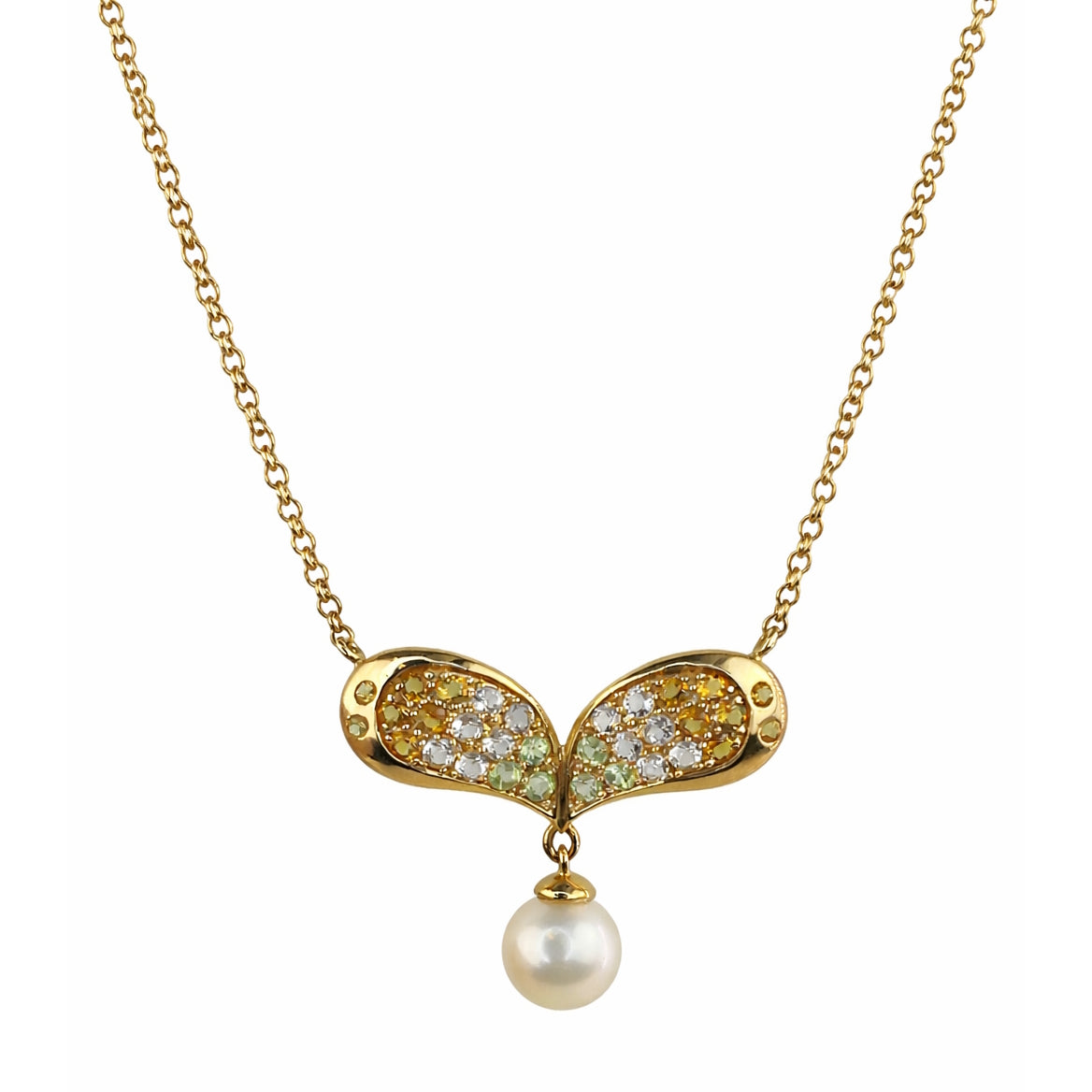 14k White Pearl Multi Gemstone Pend Necklace