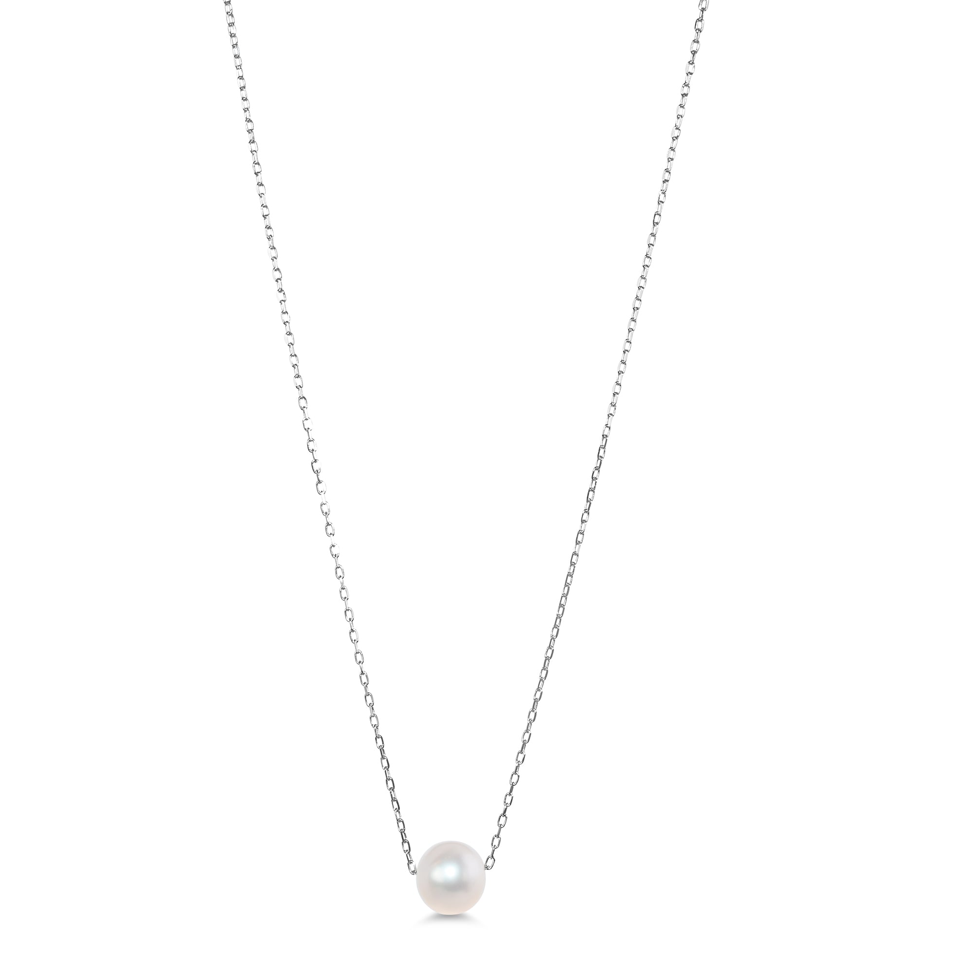 14k White Gold White Freshwater Pearl Ball Slider Pendant Necklace 17"