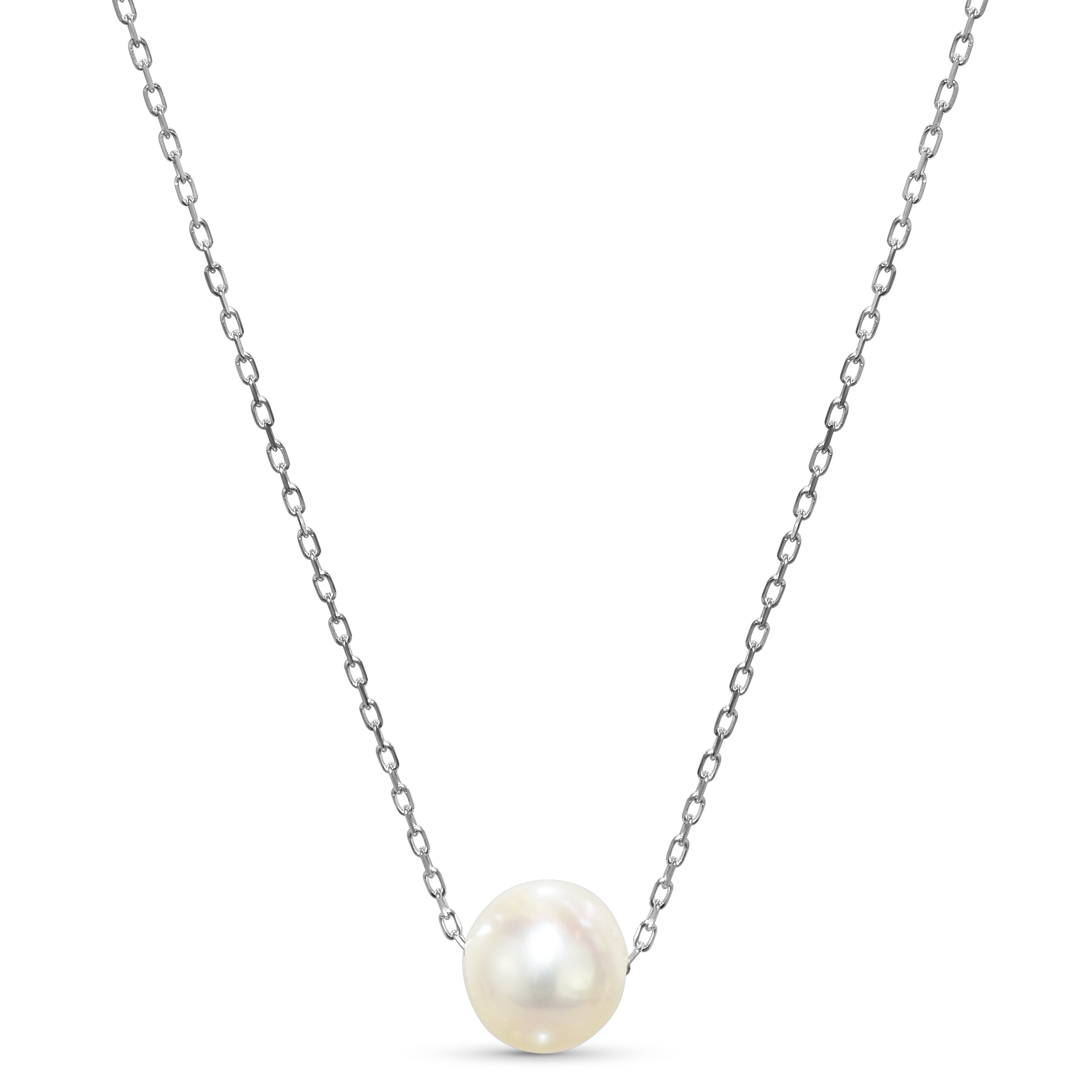 14k White Gold White Freshwater Pearl Ball Slider Pendant Necklace