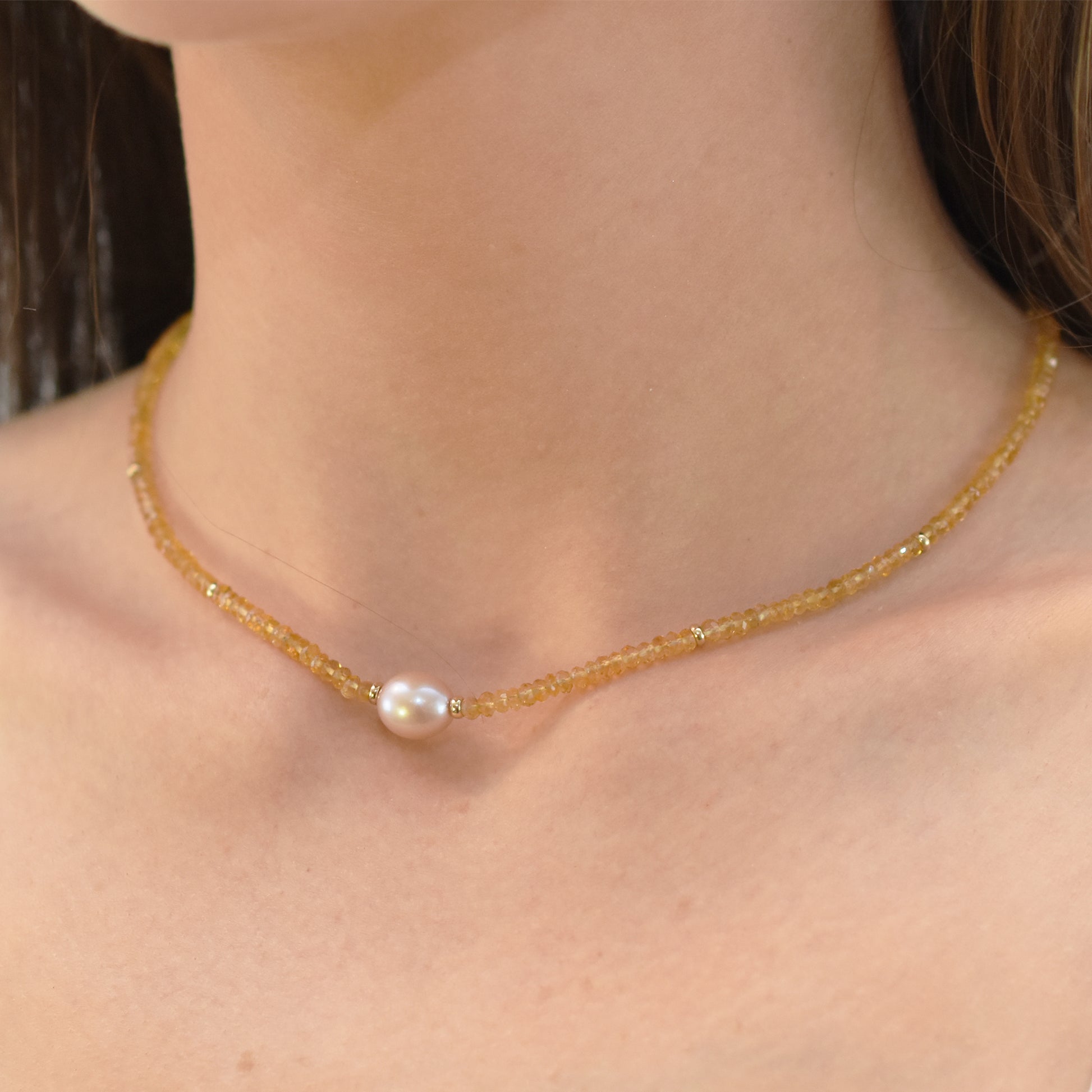 14k Gemstone Freshwater Pearl Center Necklace 17" Citrine & Pink Pearl