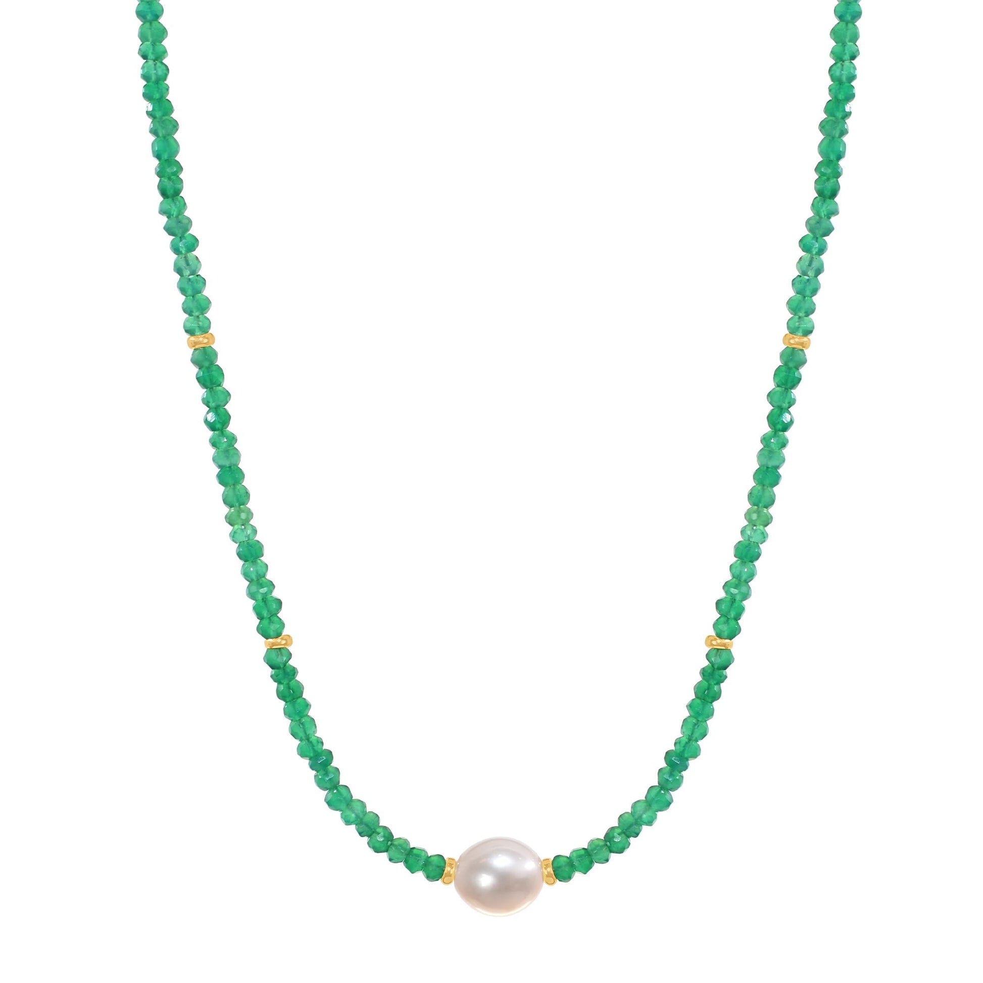 14k Green Onyx White Freshwater Pearl Center Necklace 17" Jewelmak Shop