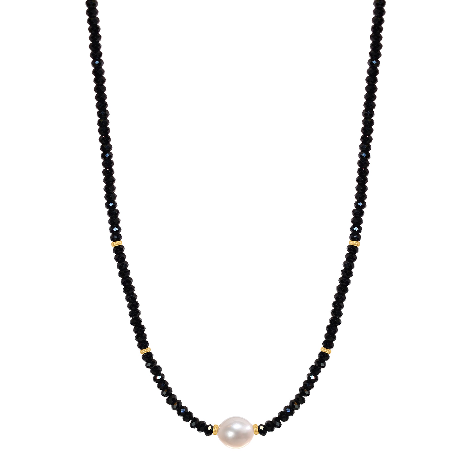 14k Gemstone Freshwater Pearl Center Necklace 17" Black Spinel & White Pearl