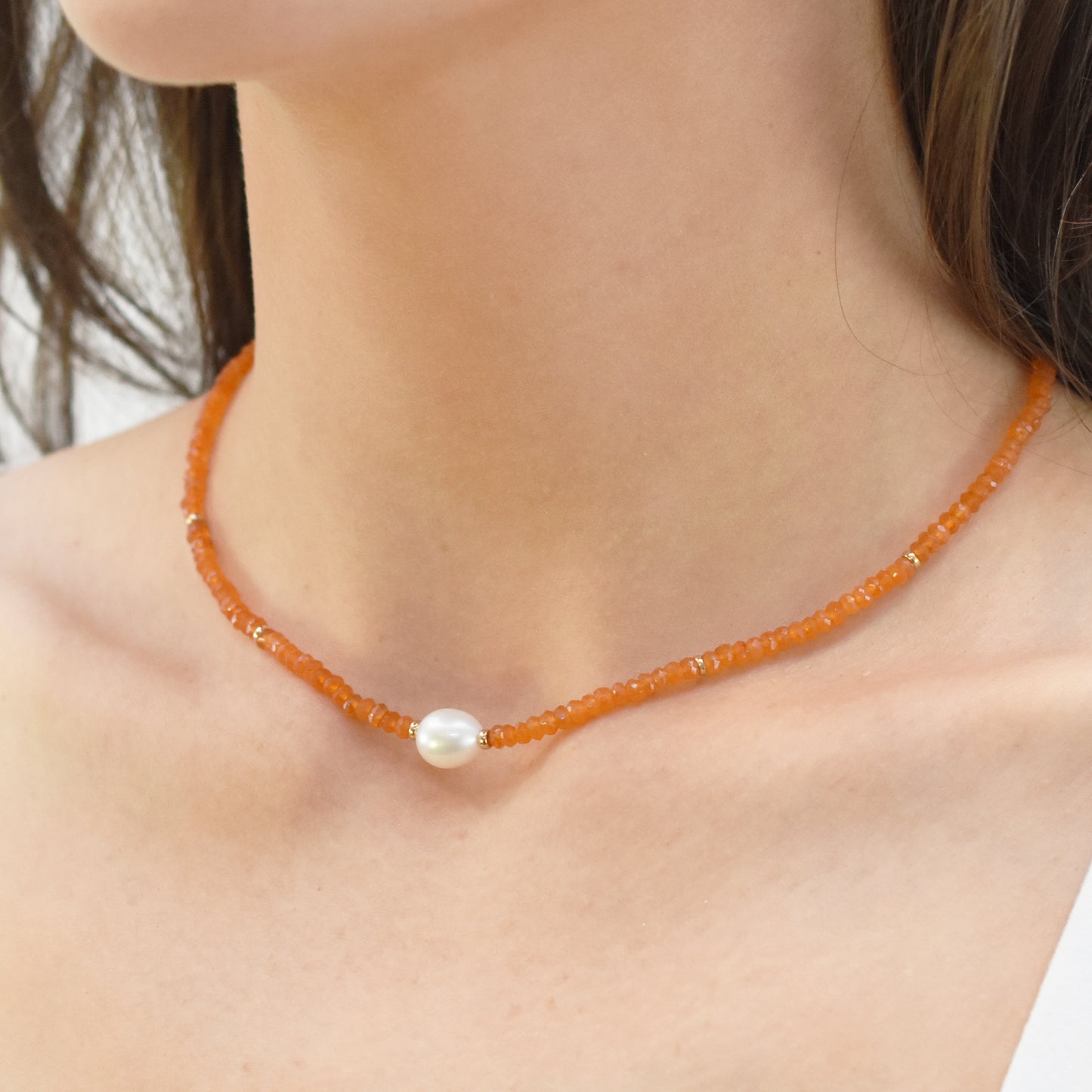 14k Gemstone Freshwater Pearl Center Necklace 17" Carnelian & White Pearl