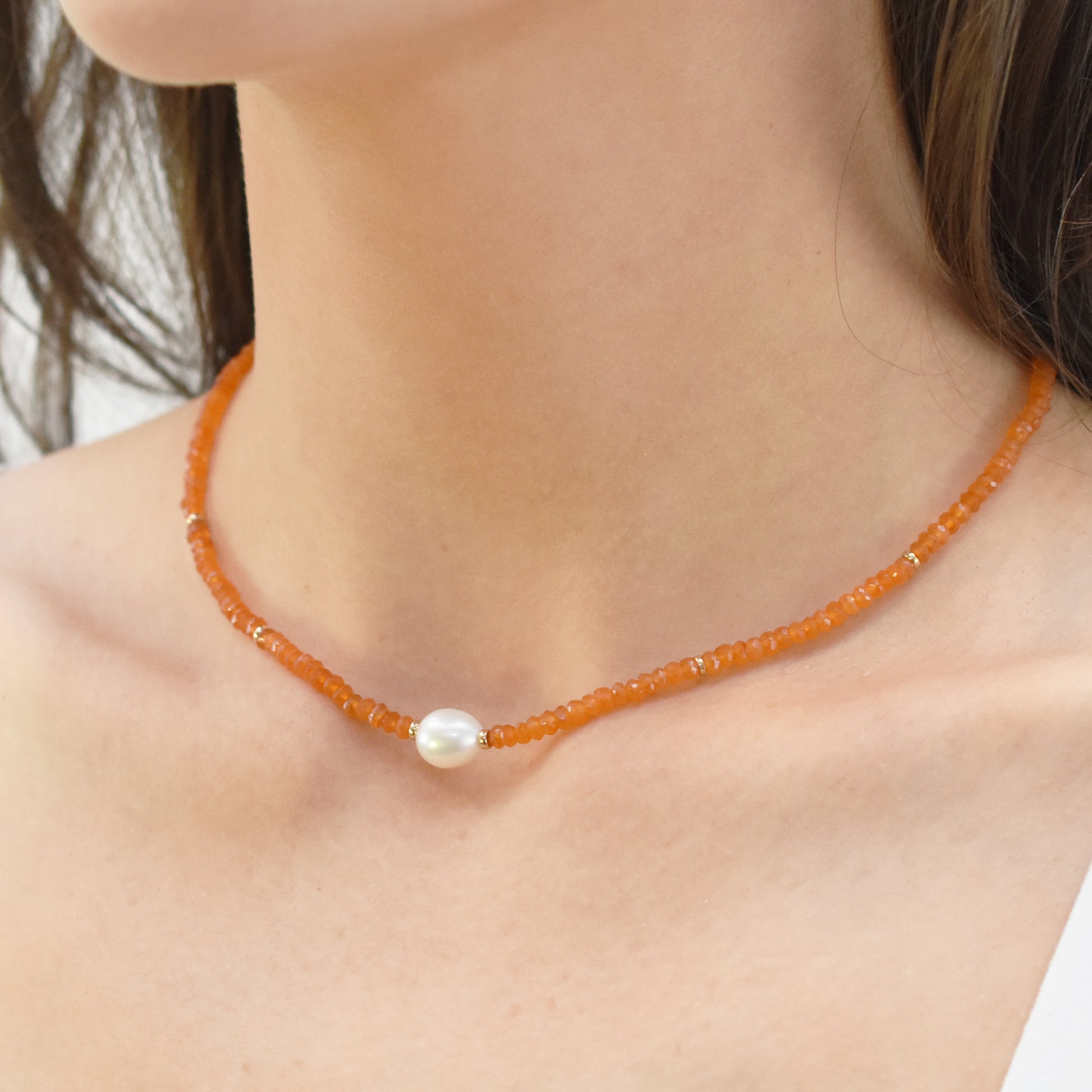 14k Gemstone Freshwater Pearl Center Necklace 17" Carnelian & White Pearl