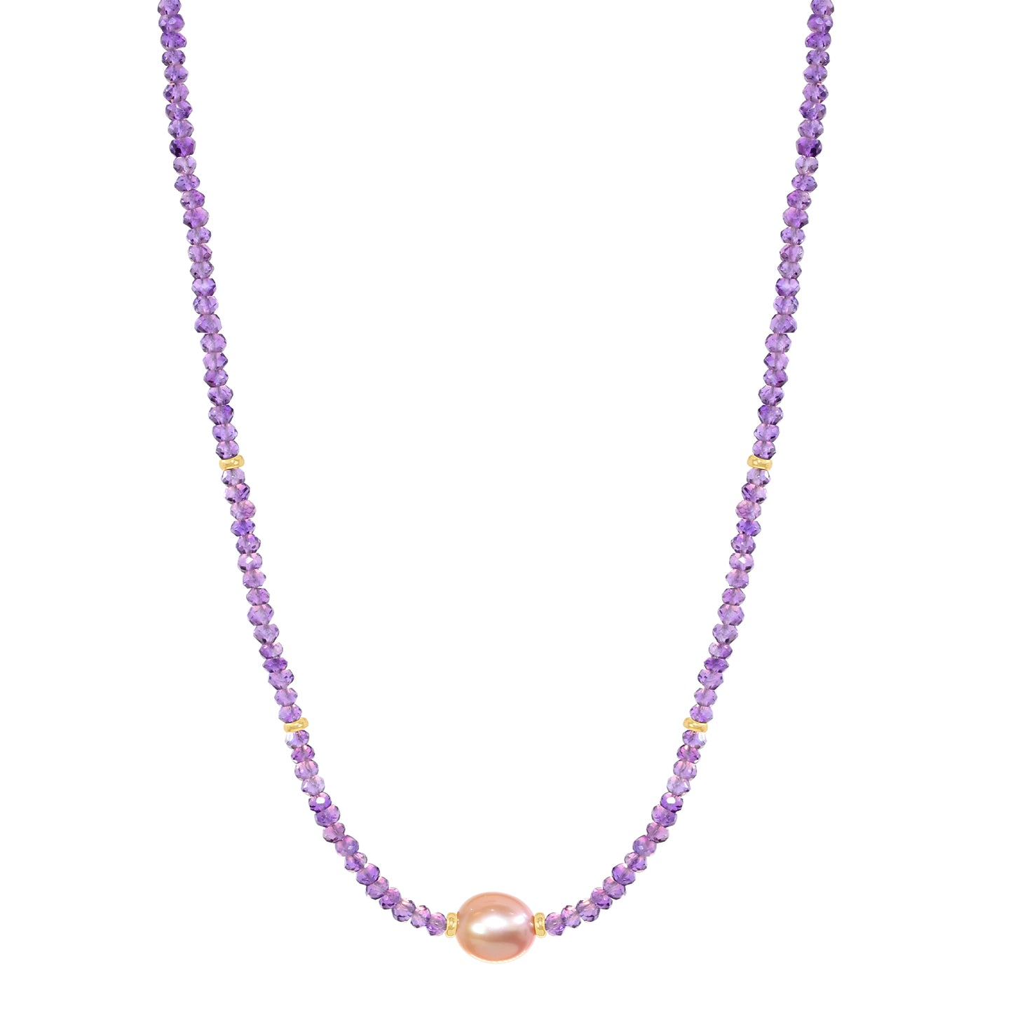 14k Gemstone Freshwater Pearl Center Necklace 17" Amethyst & Pink Pearl