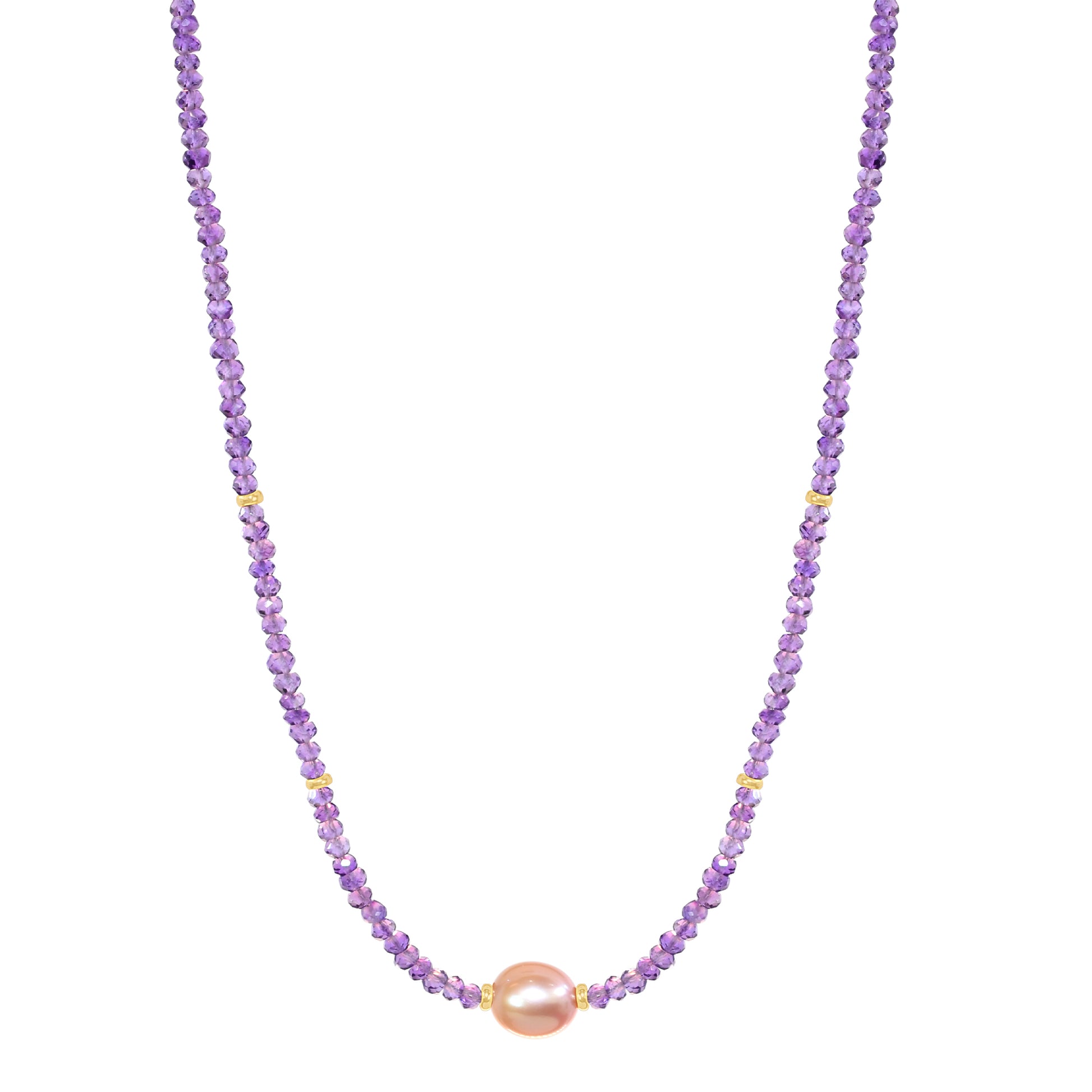 14k Gemstone Freshwater Pearl Center Necklace 17" Amethyst  & Pink Pearl
