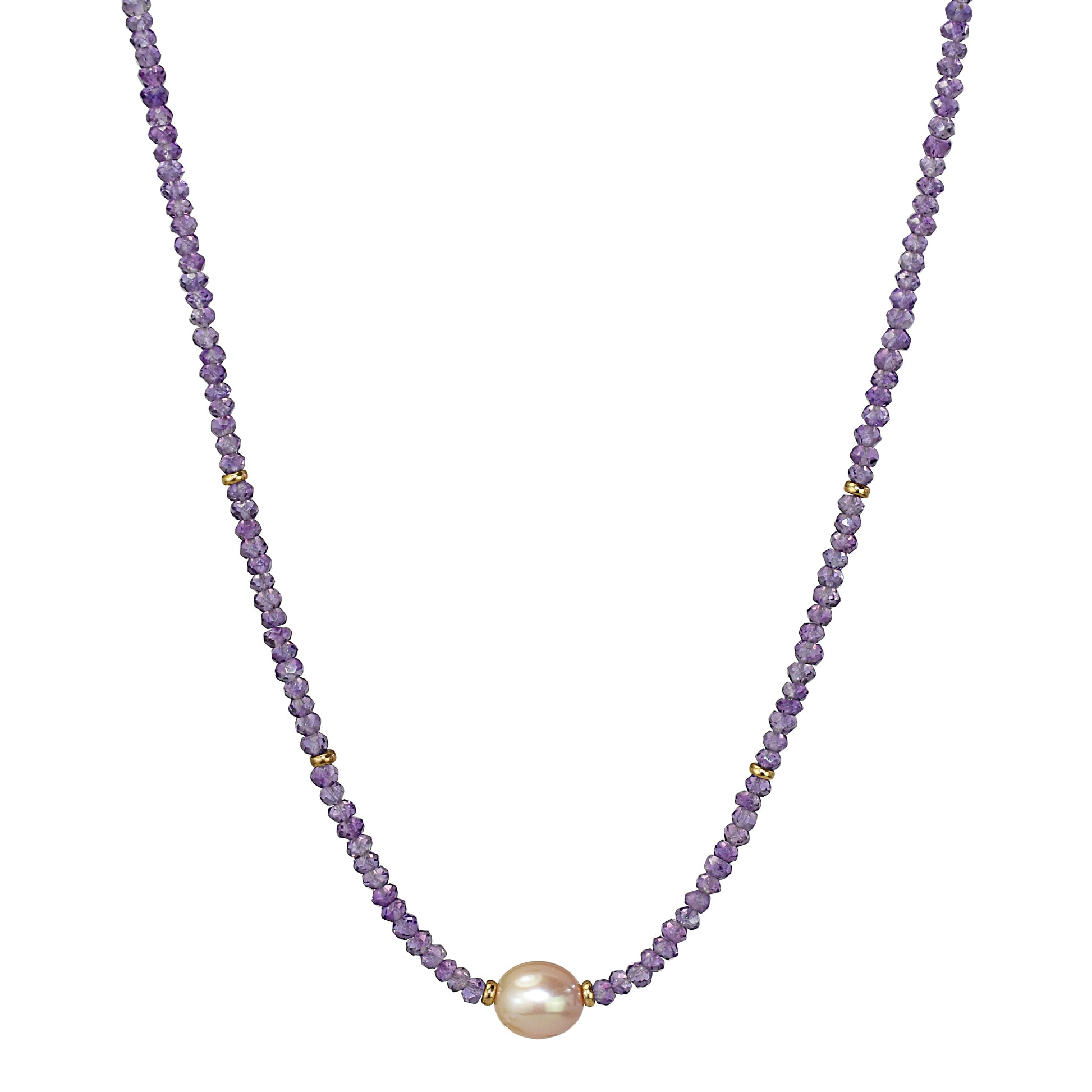 14k Gemstone Freshwater Pearl Center Necklace 17" Amethyst  & Pink Pearl