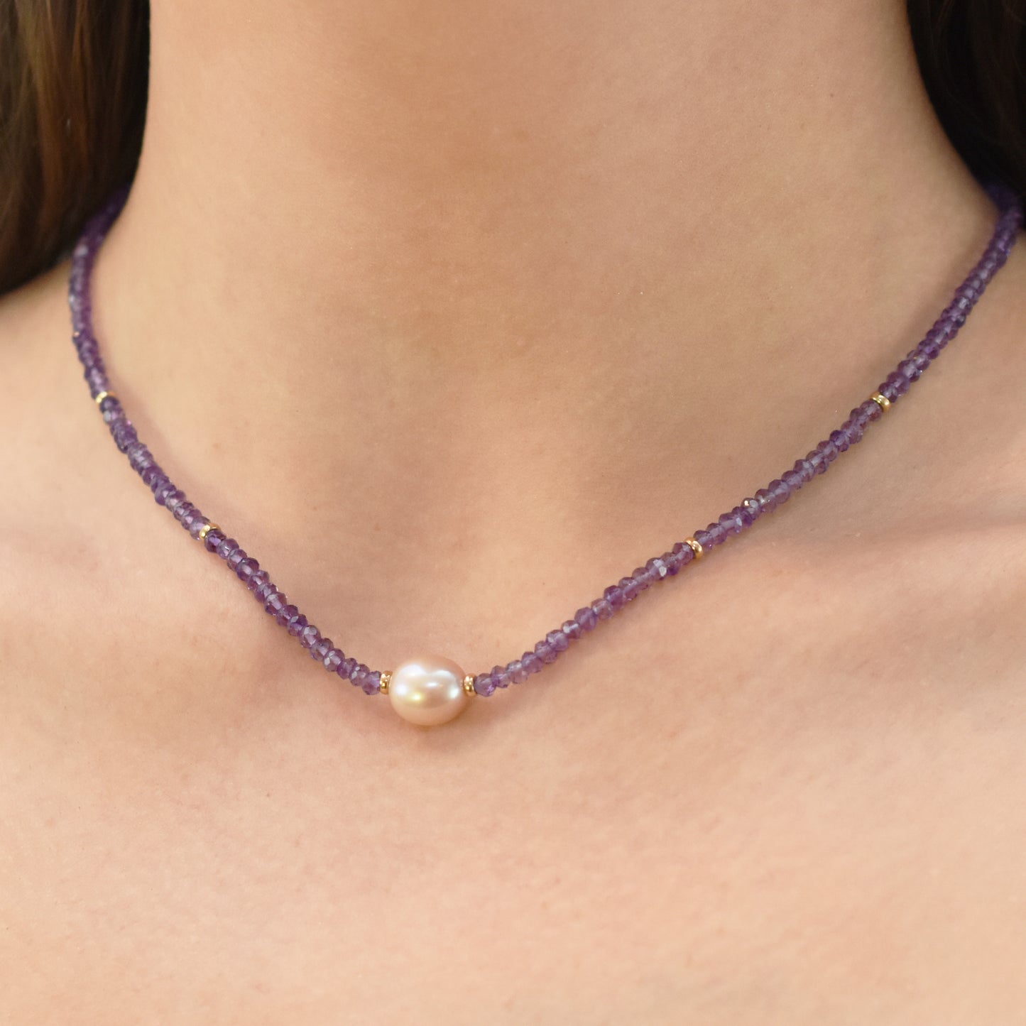 14k Gemstone Freshwater Pearl Center Necklace 17" Amethyst & Pink Pearl