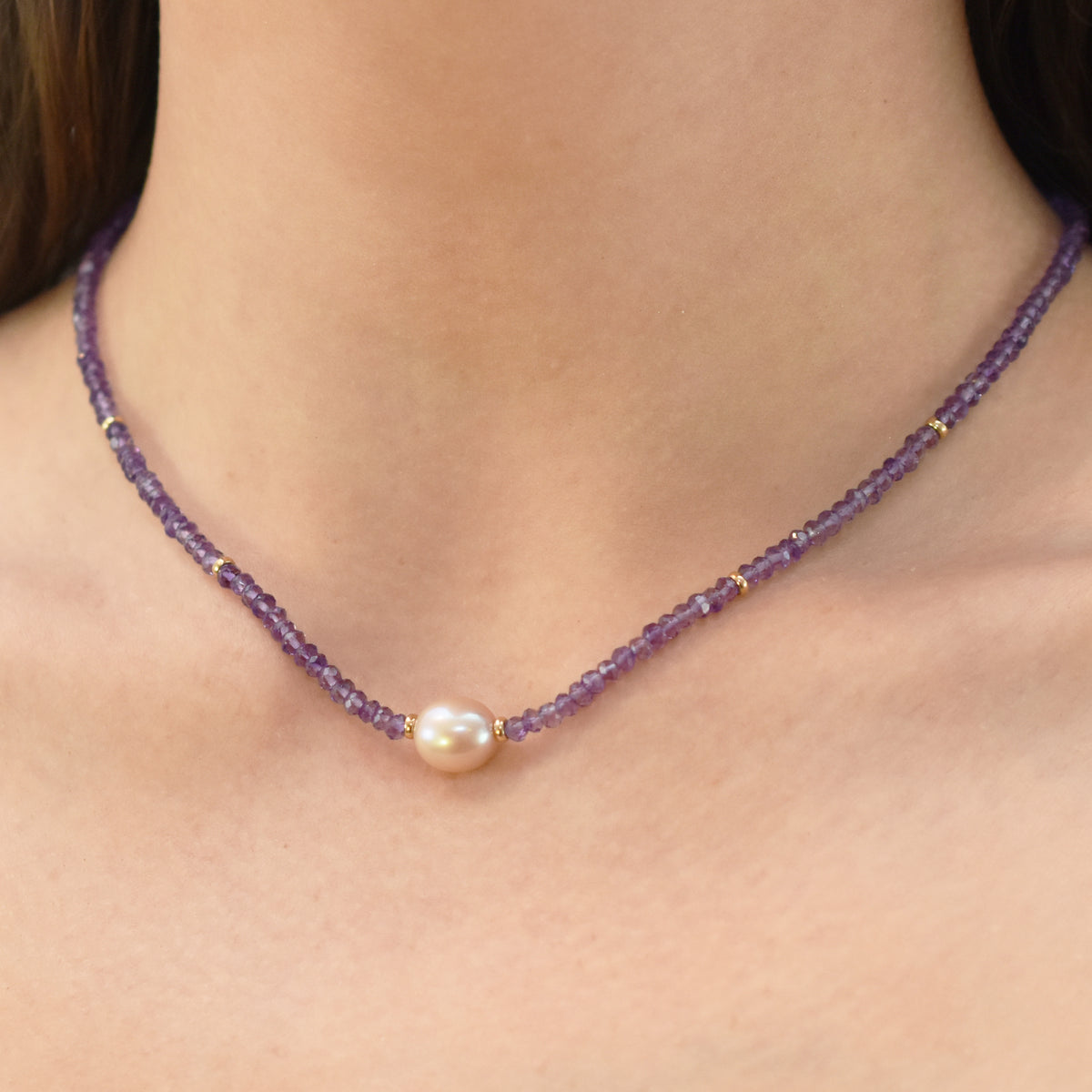 14k Gemstone Freshwater Pearl Center Necklace 17" Amethyst & Pink Pearl