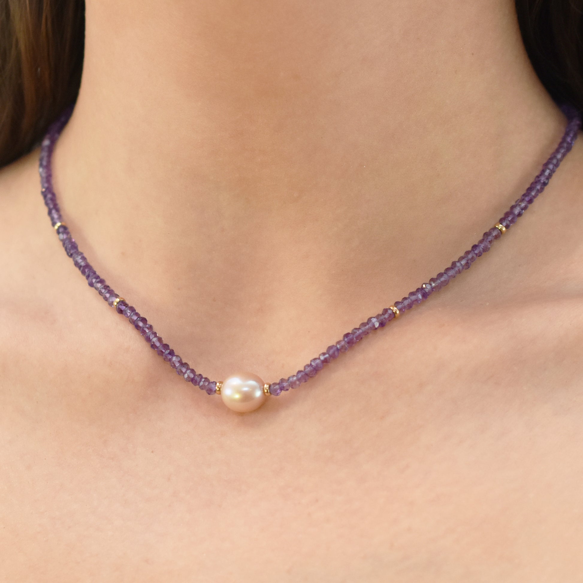 14k Gemstone Freshwater Pearl Center Necklace 17" Amethyst  & Pink Pearl