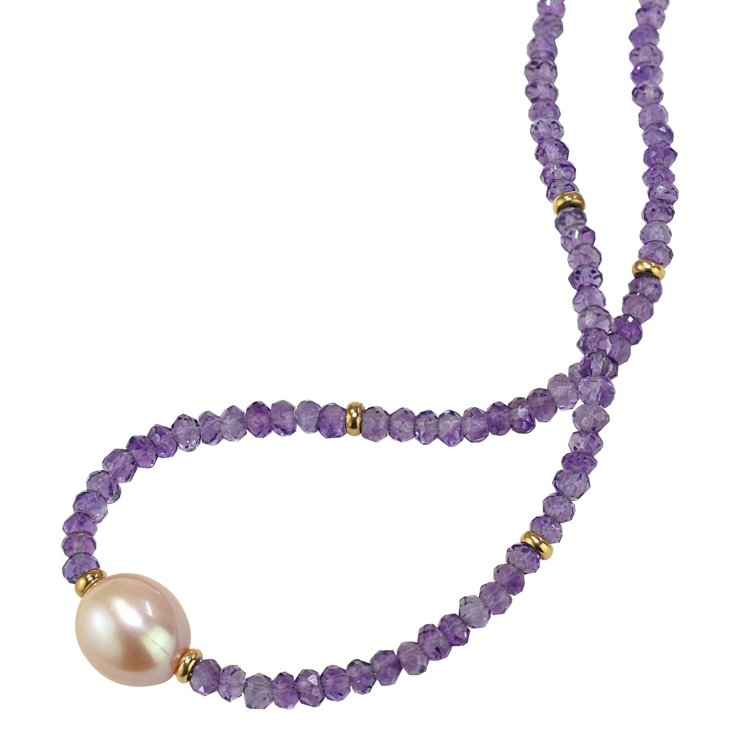 14k Gemstone Freshwater Pearl Center Necklace 17" Amethyst  & Pink Pearl