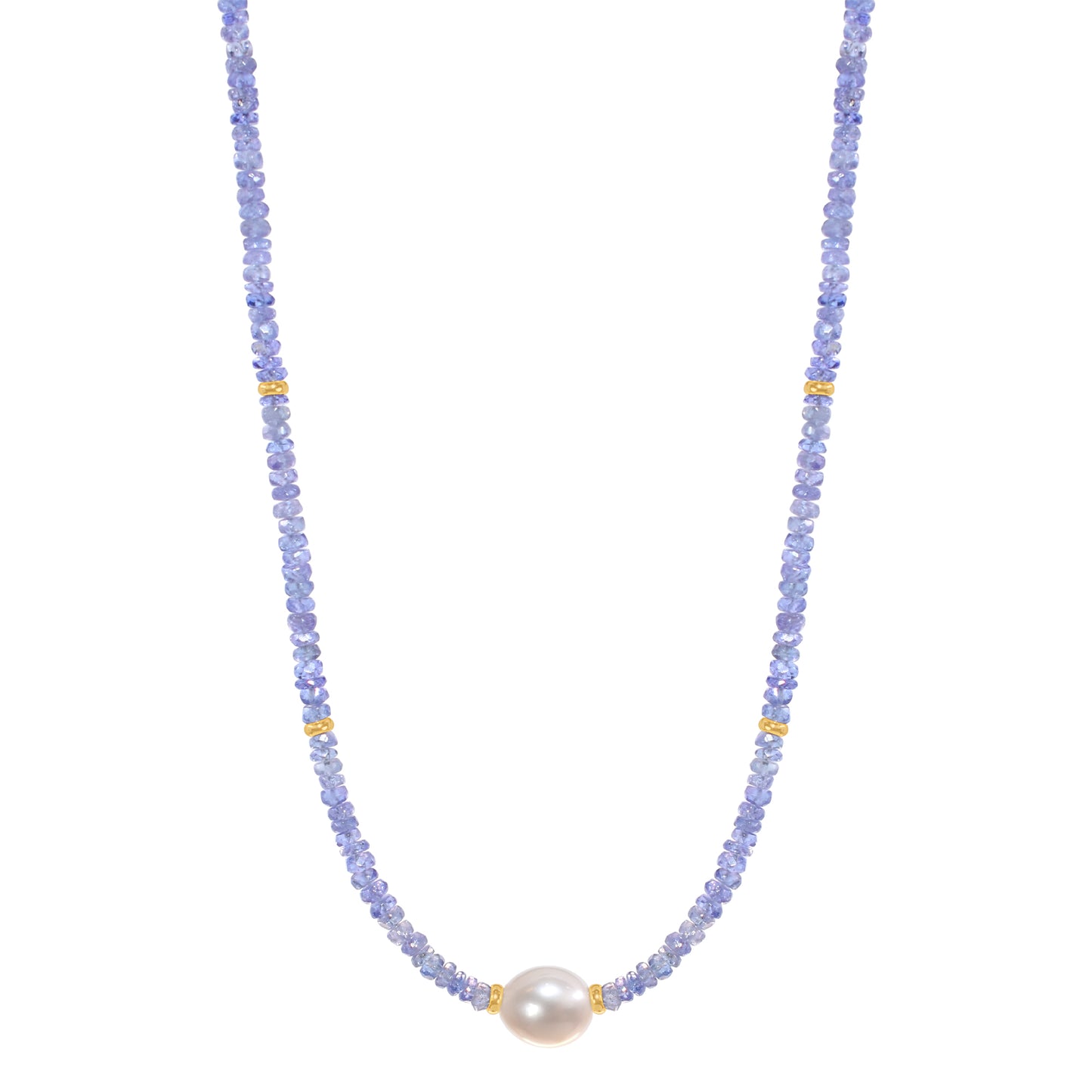 14k Gemstone Freshwater Pearl Center Necklace 17" Tanzanite & White Pearl
