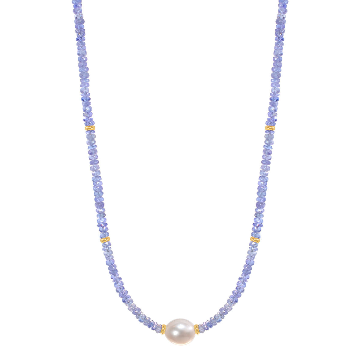 14k Gemstone Freshwater Pearl Center Necklace 17" Tanzanite & White Pearl