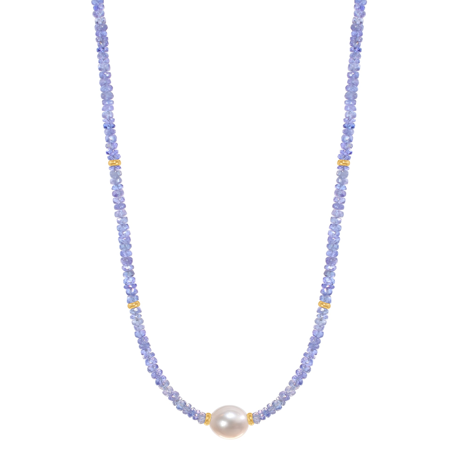 14k Gemstone Freshwater Pearl Center Necklace 17" Tanzanite & White Pearl
