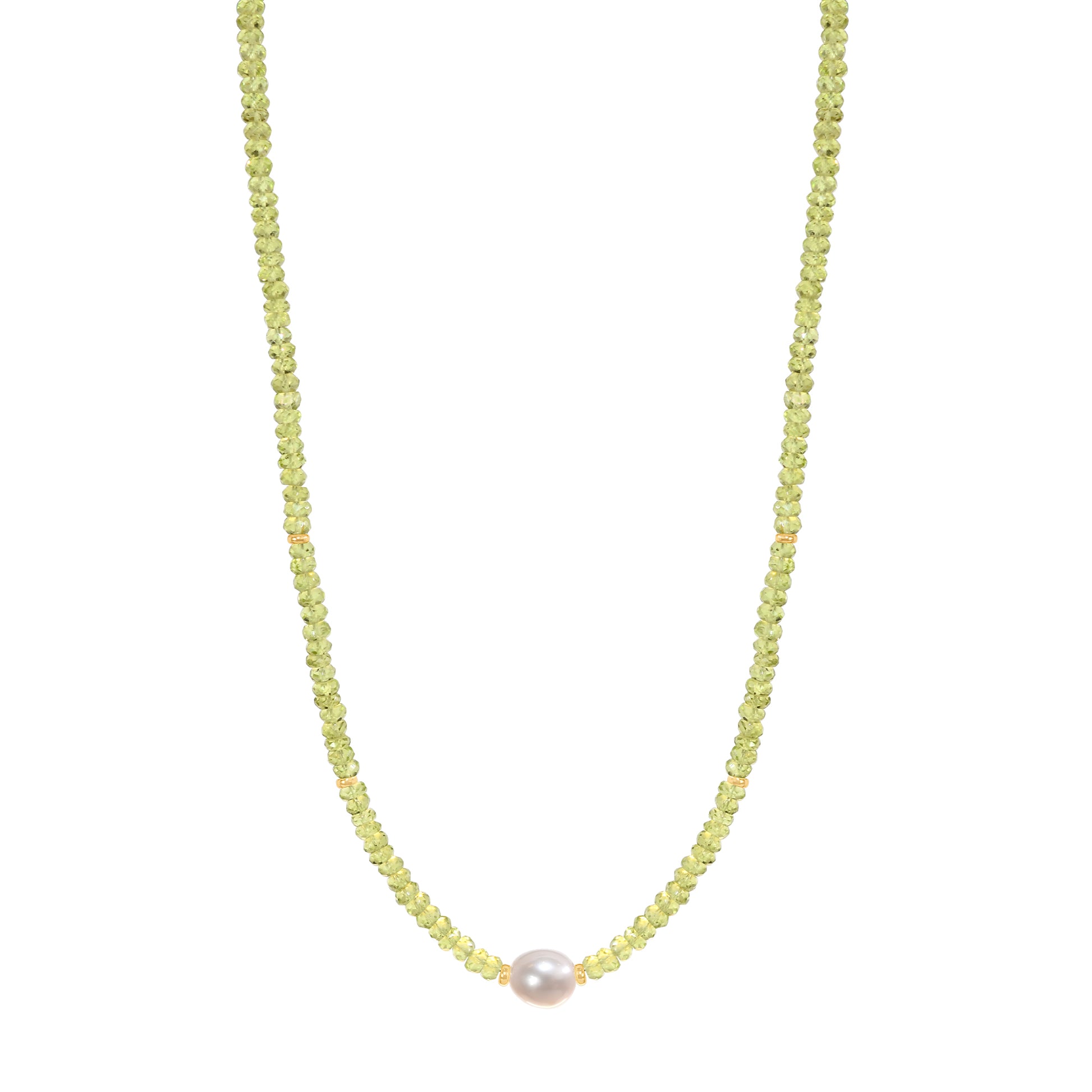 14k Gemstone Freshwater Pearl Center Necklace 17" Peridot & White Pearl