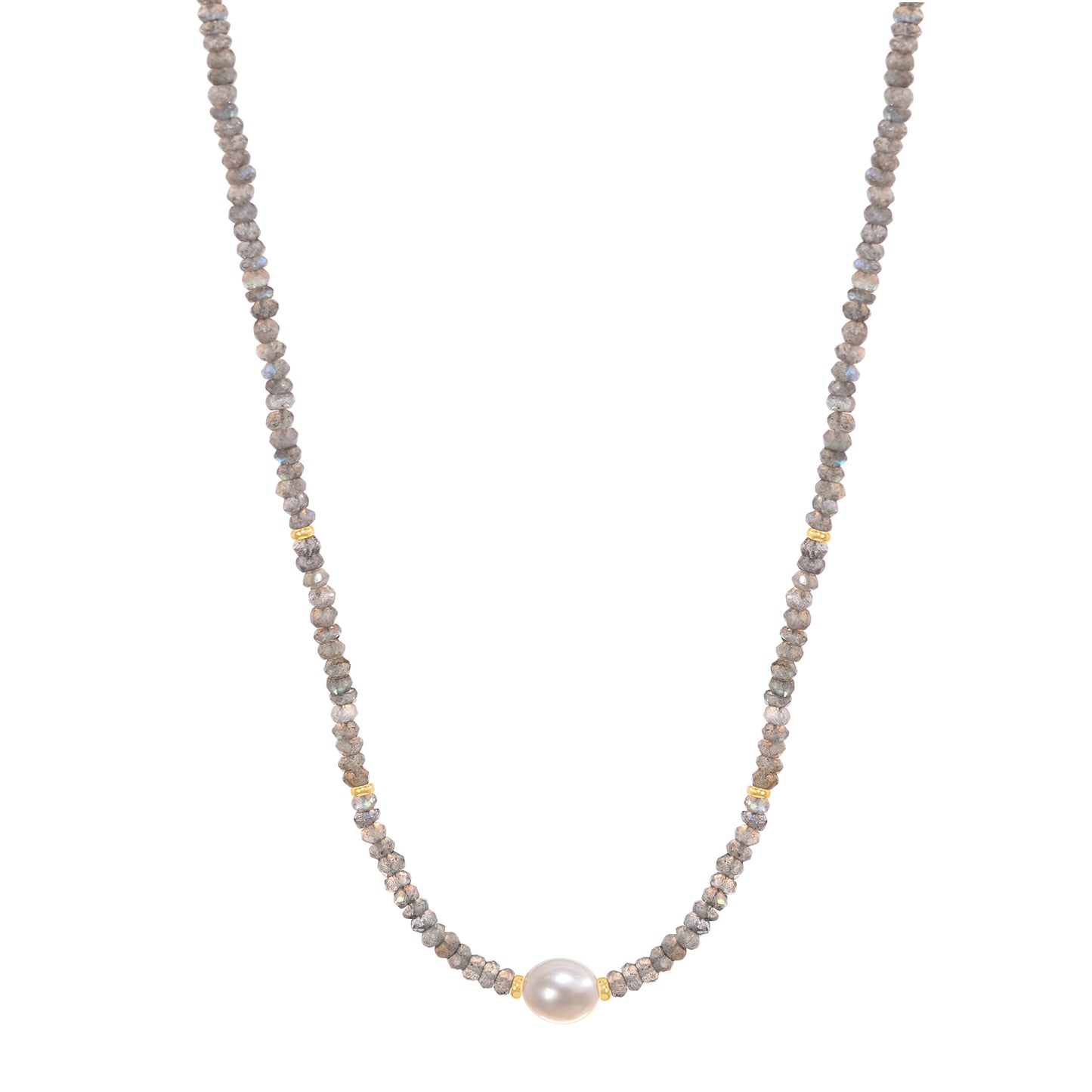 14k Gemstone Freshwater Pearl Center Necklace 17" Labradorite & White Pearl