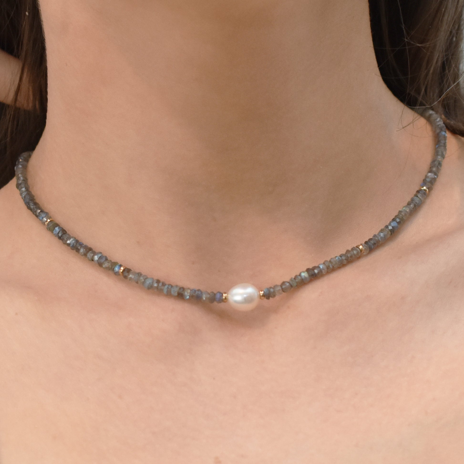 14k Gemstone Freshwater Pearl Center Necklace 17" Labradorite & White Pearl