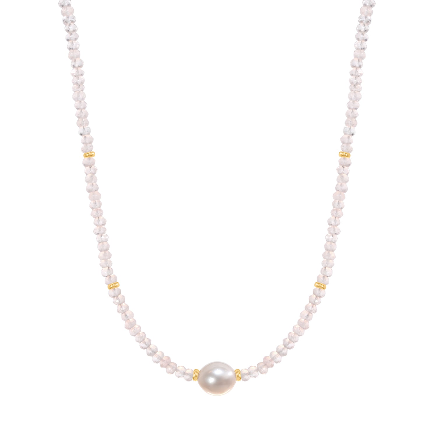 14k Gemstone Freshwater Pearl Center Necklace 17" Rose Quartz & White Pearl