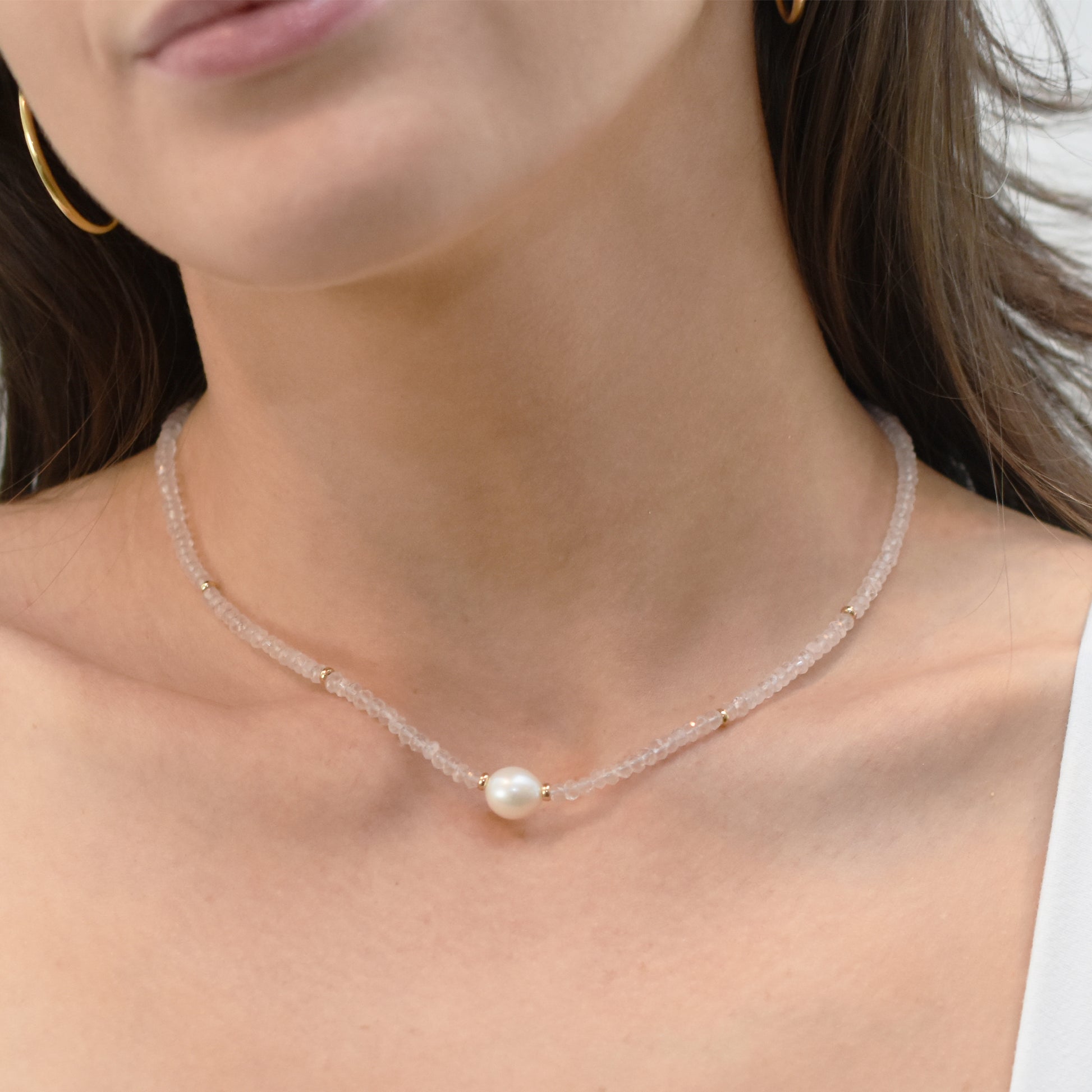 14k Gemstone Freshwater Pearl Center Necklace 17" Rose Quartz & White Pearl