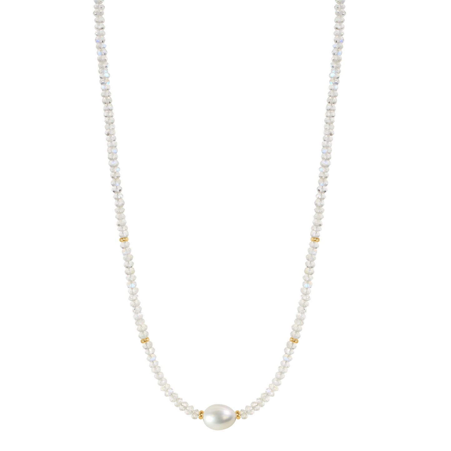 14k Gemstone Freshwater Pearl Center Necklace 17" Rainbow Moonstone & White Pearl