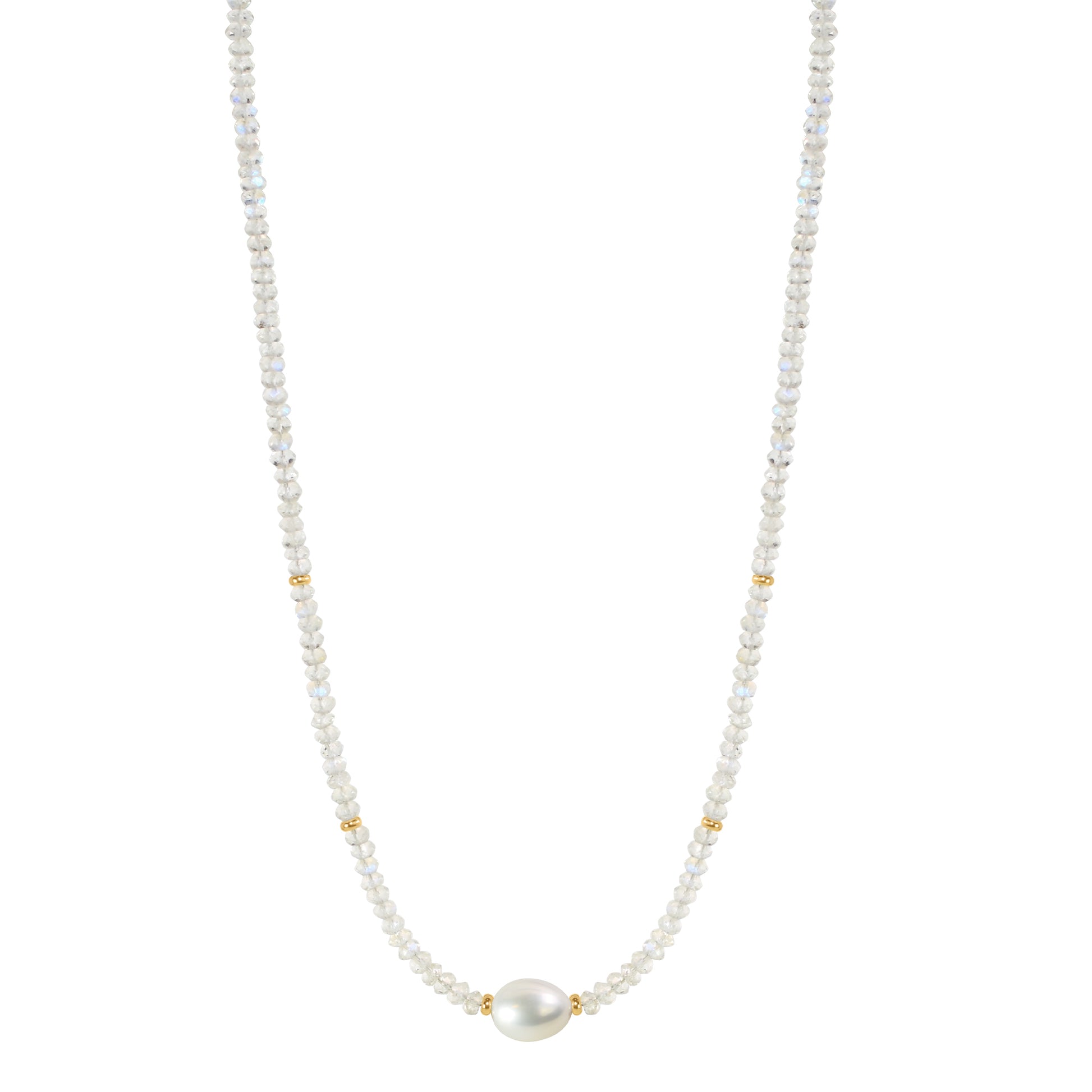 14k Gemstone Freshwater Pearl Center Necklace 17" Rainbow Moonstone & White Pearl