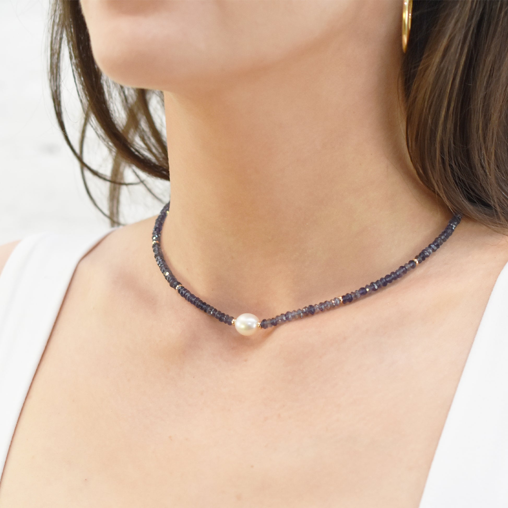 14k Gemstone Freshwater Pearl Center Necklace 17" Iolite & White Pearl
