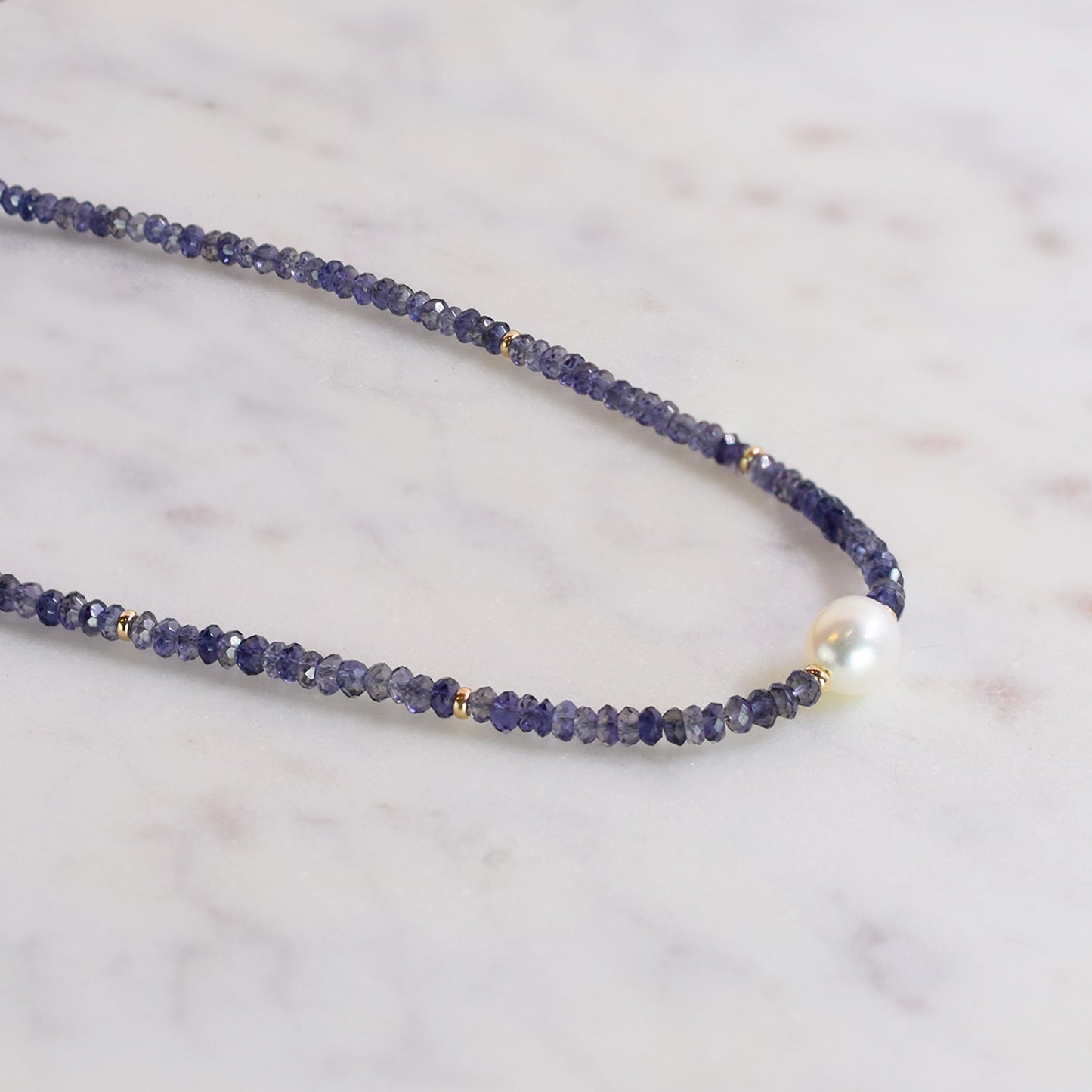 14k Gemstone Freshwater Pearl Center Necklace 17" Iolite & White Pearl