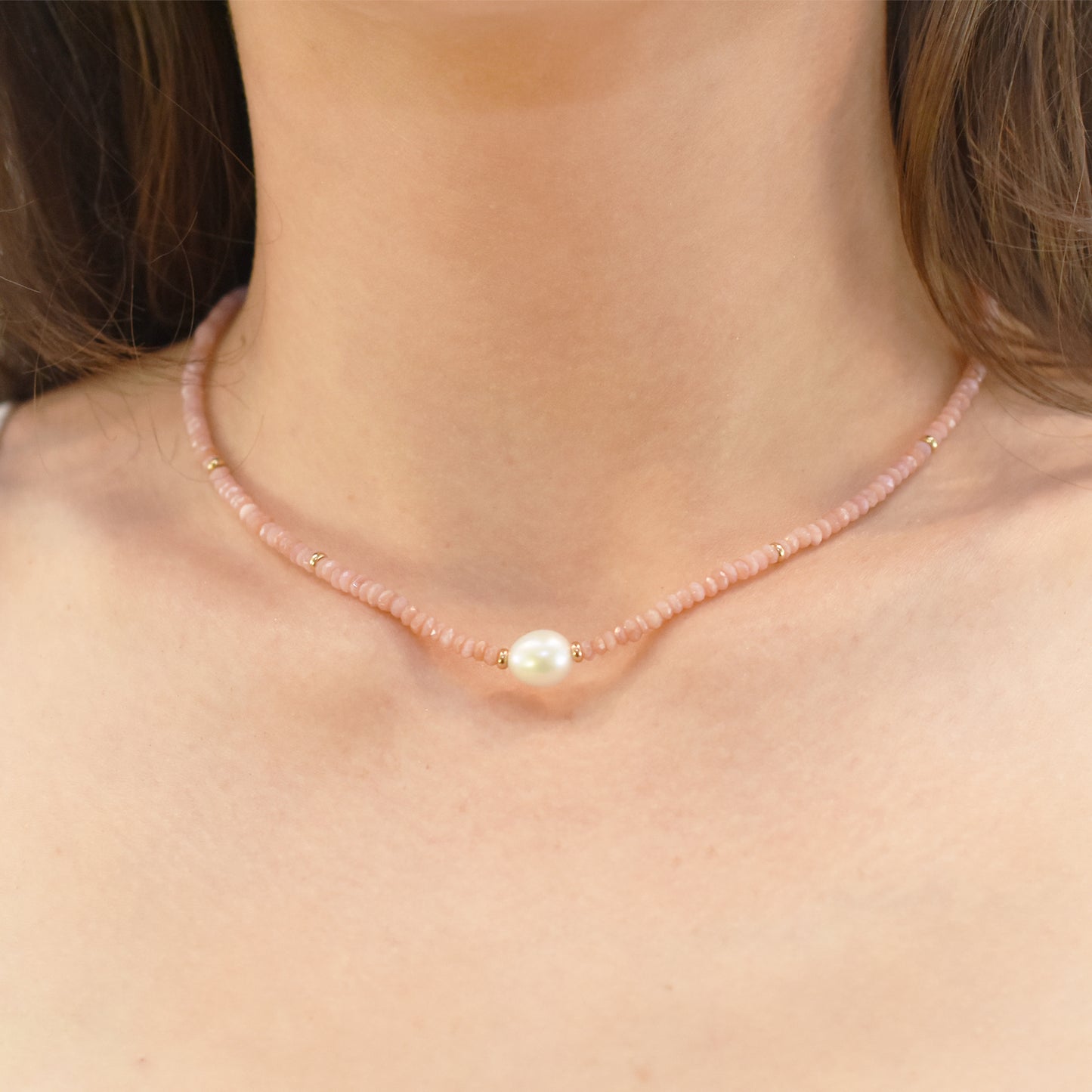 14k Gemstone Freshwater Pearl Center Necklace 17" Pink Opal & White Pearl