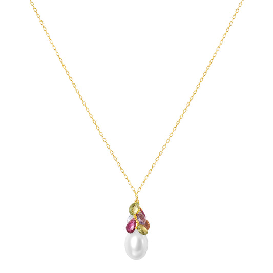 14k White Freshwater Pearl, Peridot, Blue Topaz, Pink Tourmaline, and Amethyst Necklace 20" (14k wire)