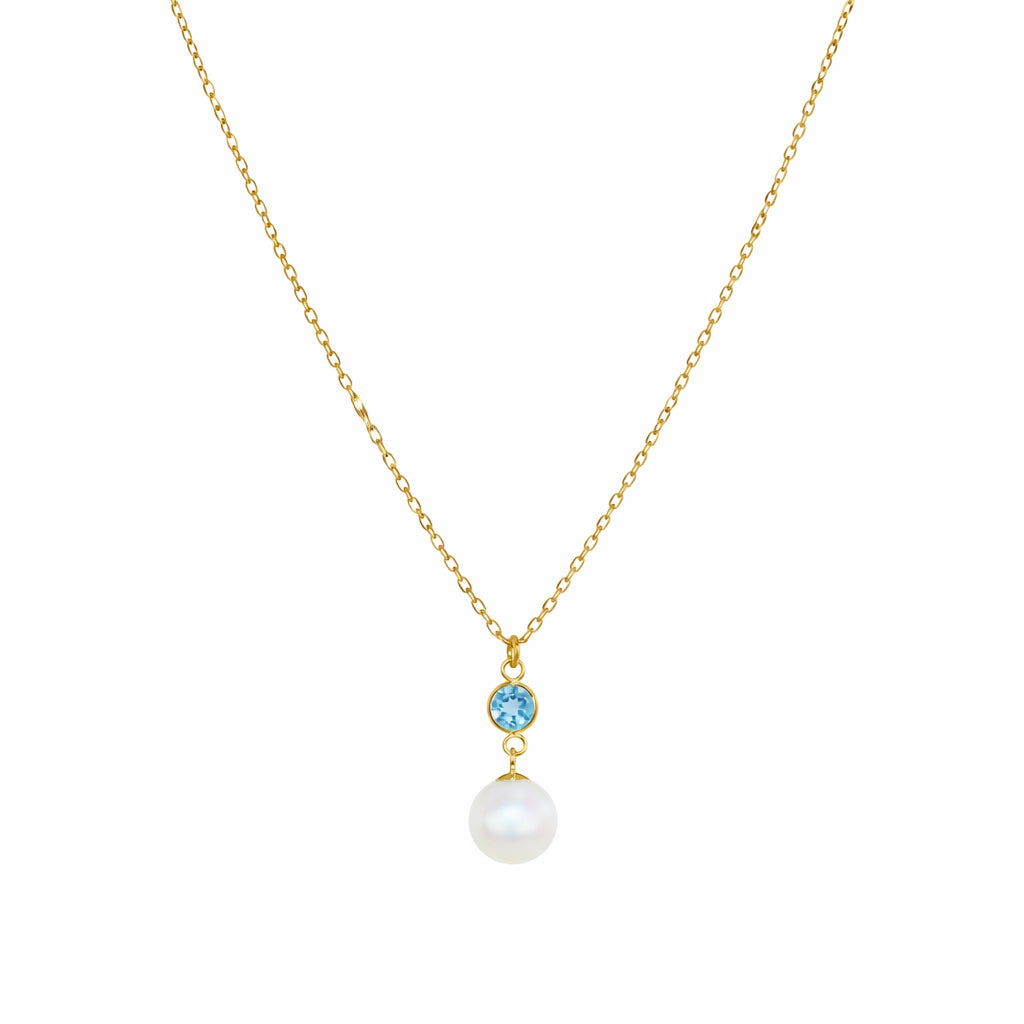 14k Swiss Blue Topaz & White Pearl Pendant Necklace 17"