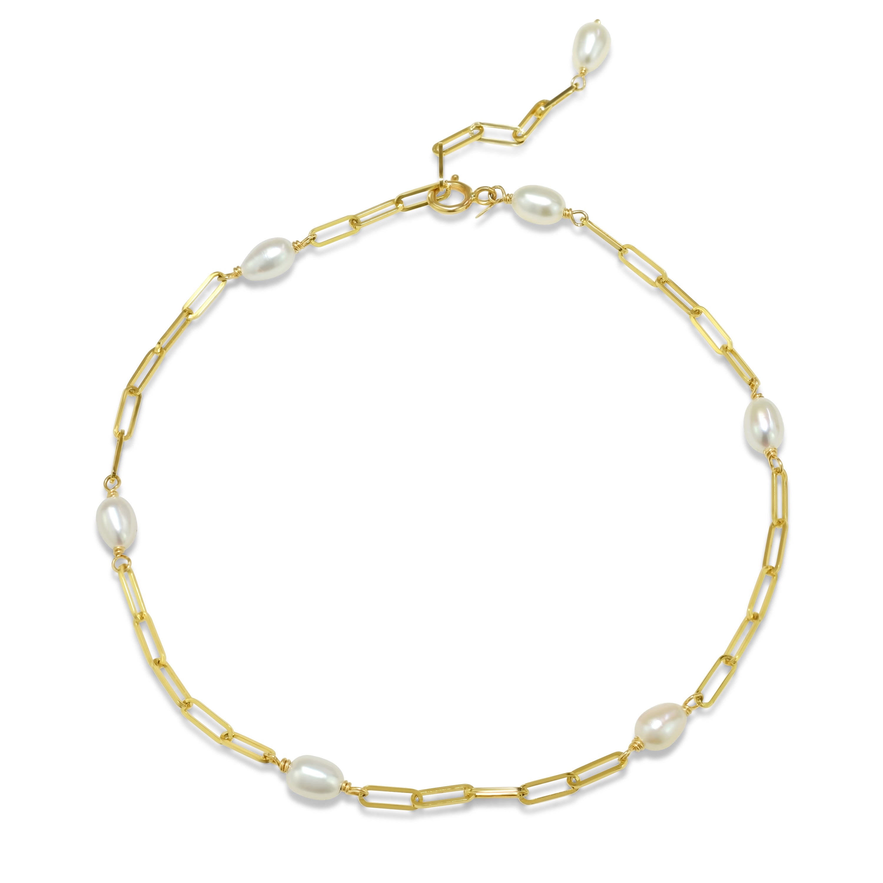 14k White Freshwater Pearl Station Paperclip Anklet 9.5"