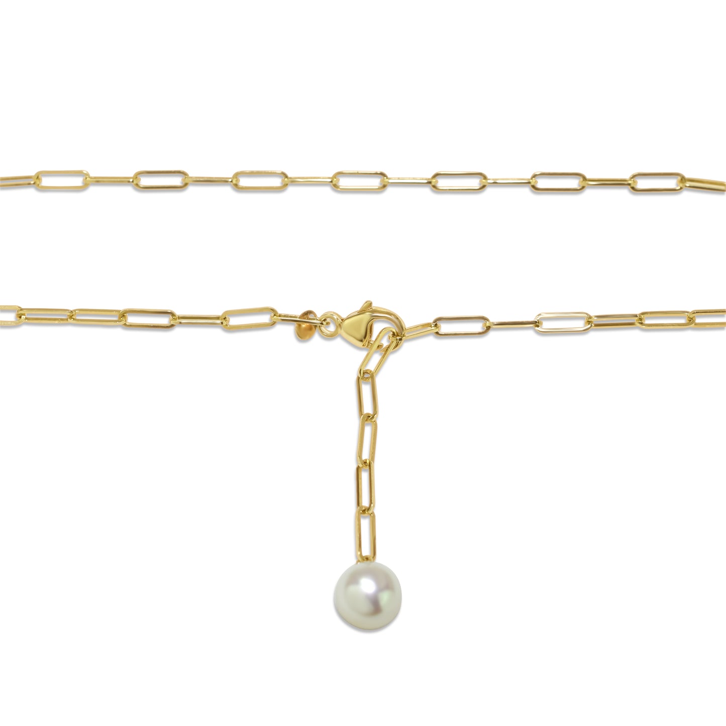 14k White Freshwater Pearl Drop Paperclip Chain Anklet 9.5"