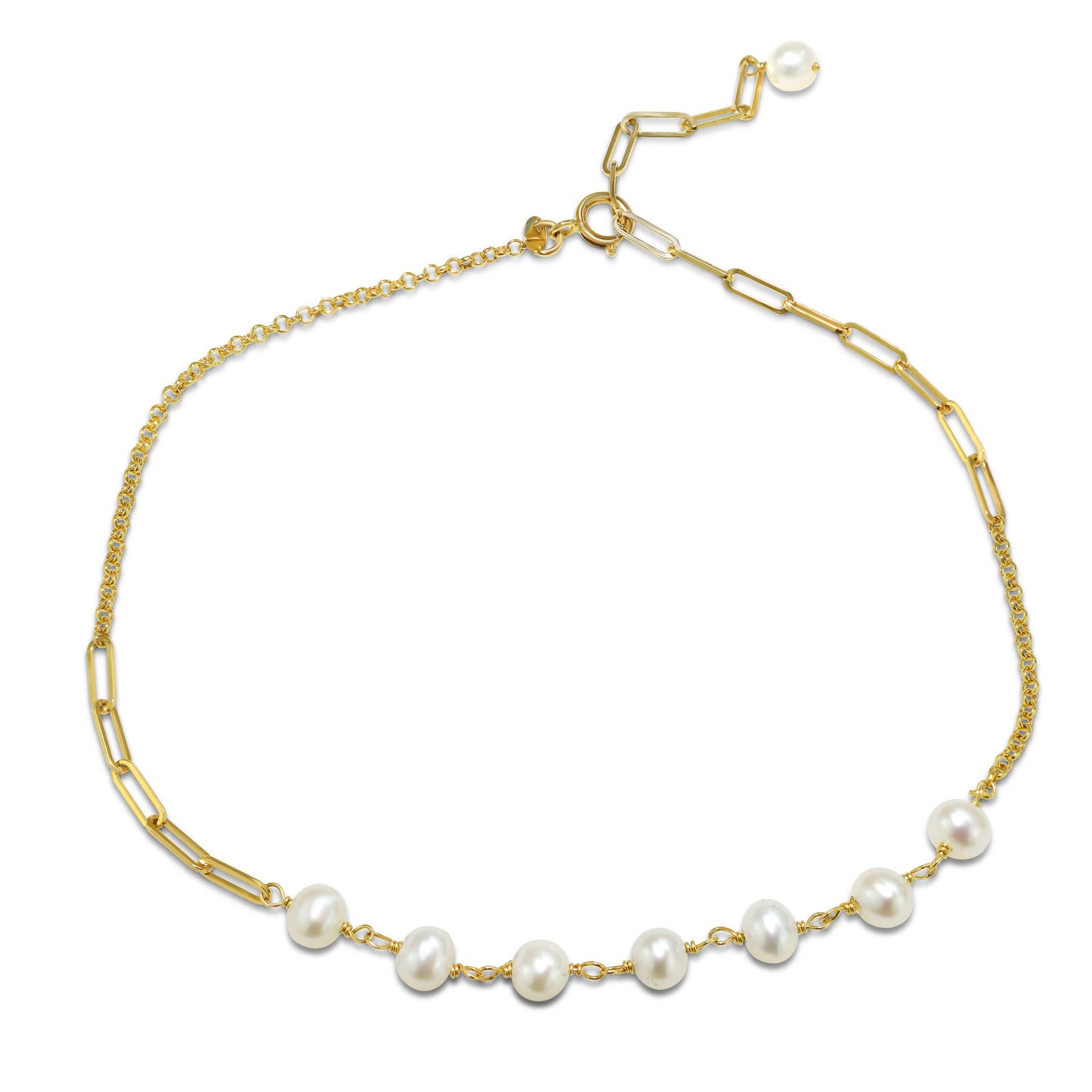 14k White Freshwater Pearl Link Gold Chain Anklet 9.5" - Needs image