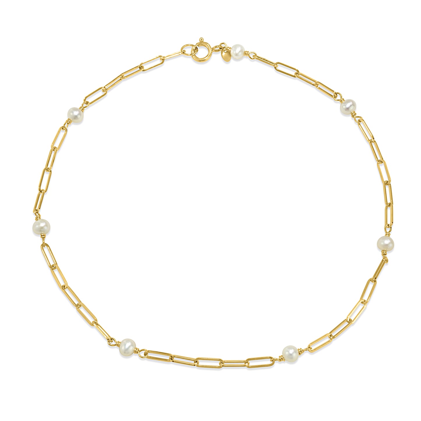 14k Yellow Gold White Pearl 7-Station Paperclip Anklet